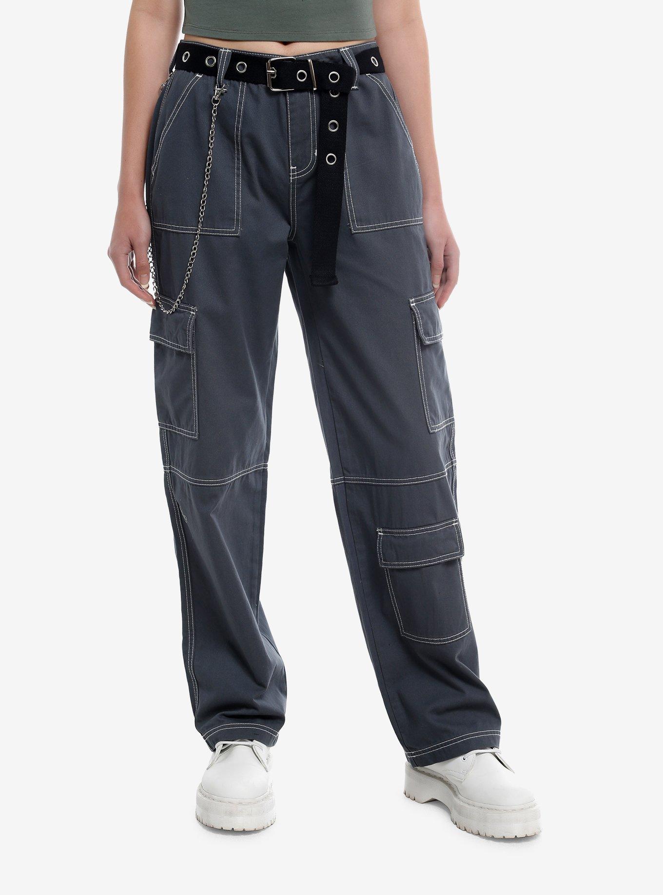 Black Cargo Side Chain Carpenter Pants With Belt