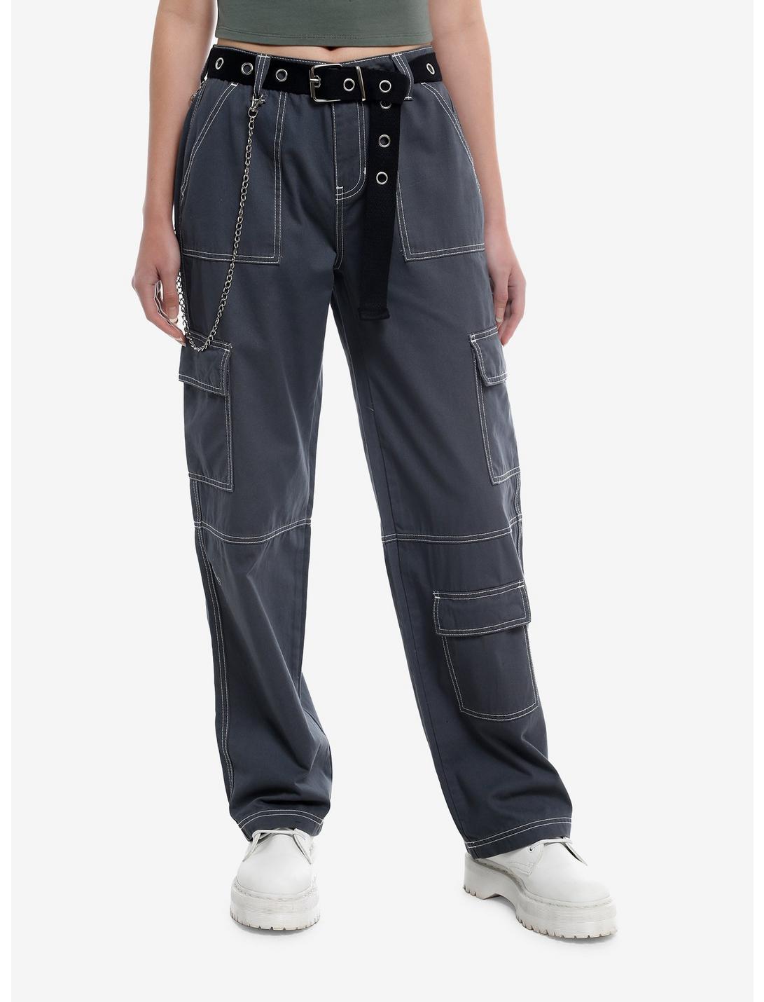Blue Side Chain Carpenter Pants With Belt, BLACK, hi-res