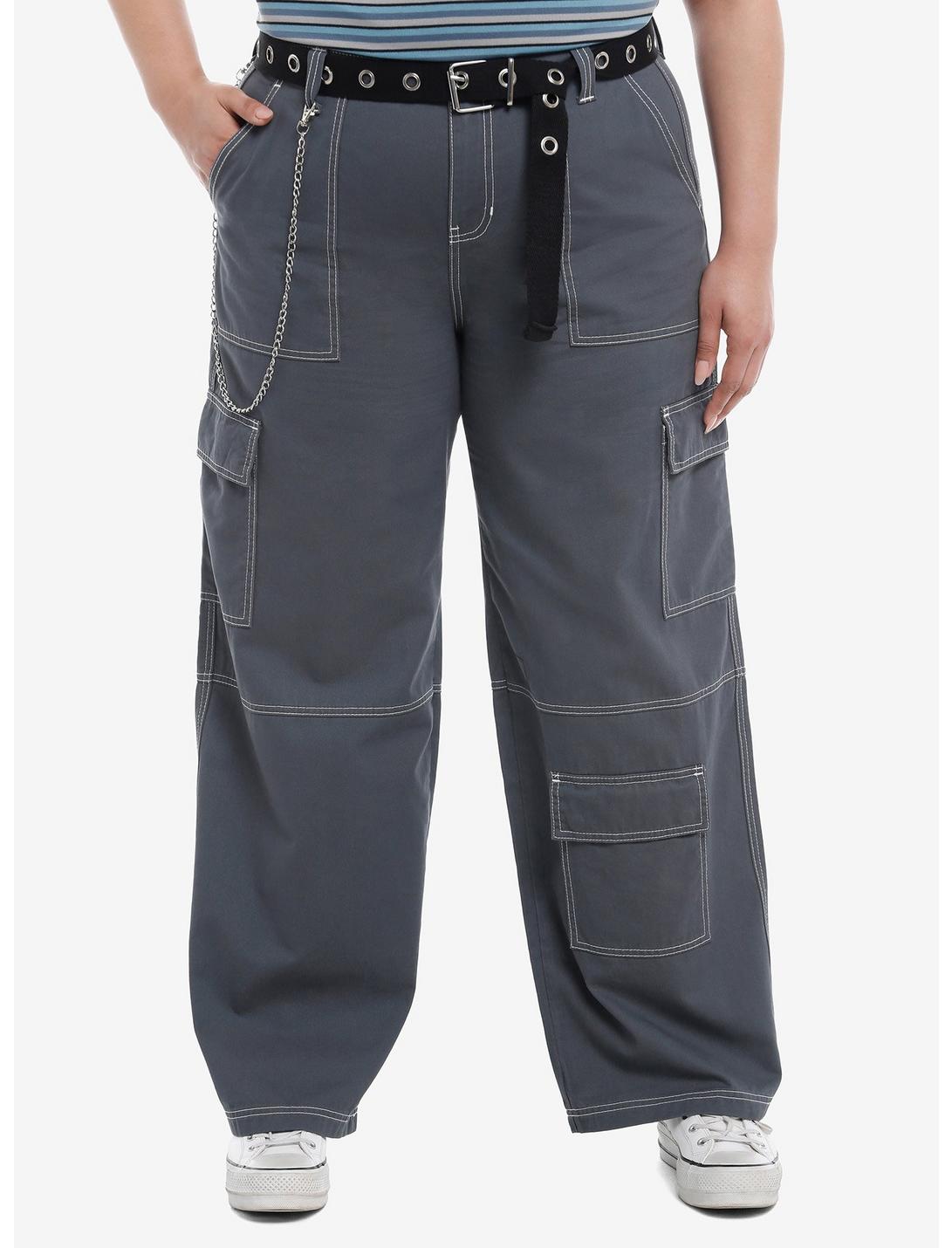 Blue Side Chain Carpenter Pants With Belt Plus Size, BLACK, hi-res
