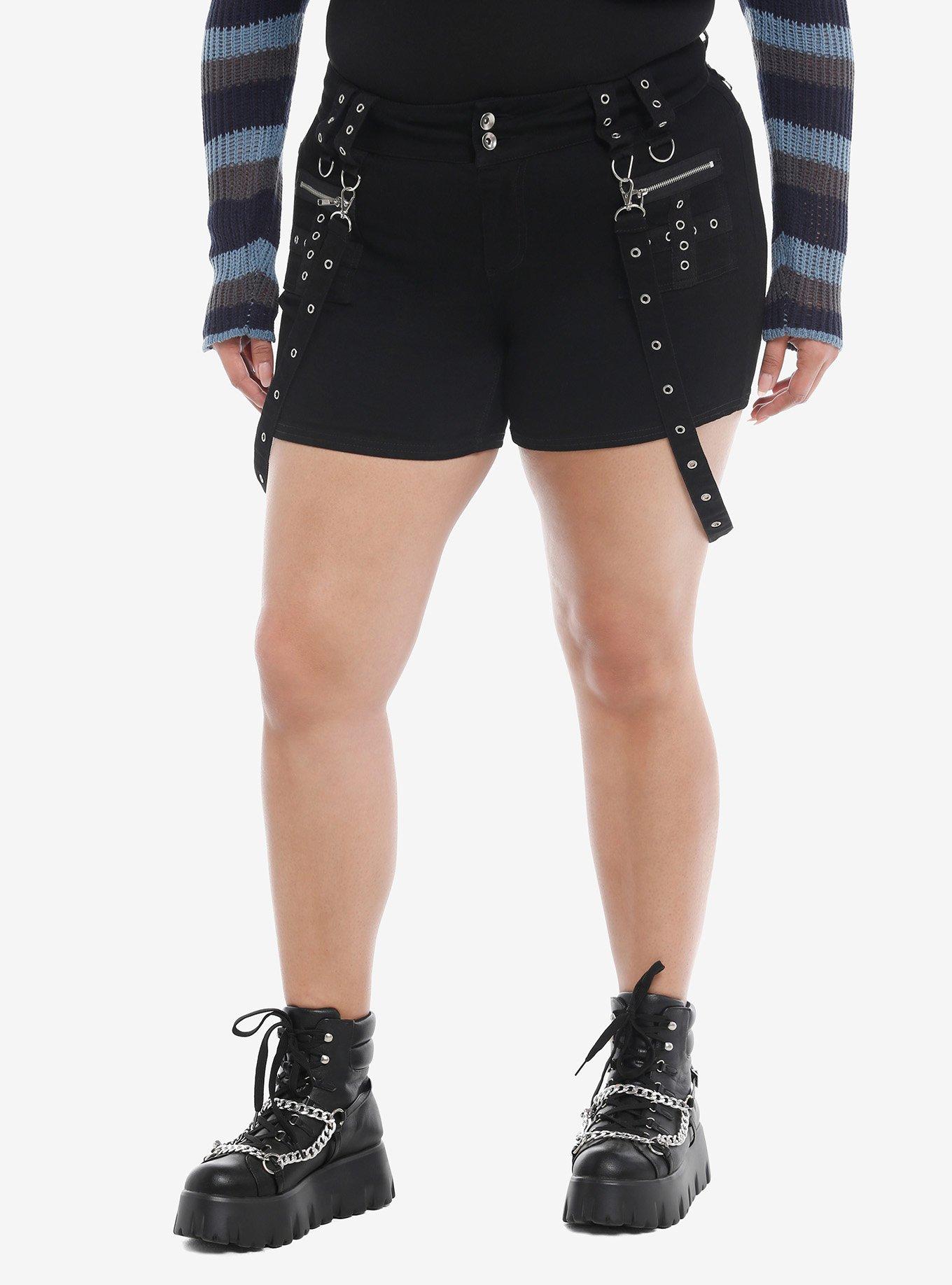 Black Grommet High-Rise Girls Shorts Plus Size, , hi-res
