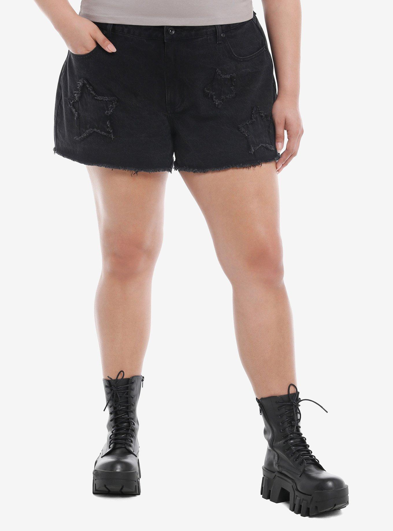 Black Star Patch Girls Denim Shorts Plus Size, DARK BLUE, hi-res