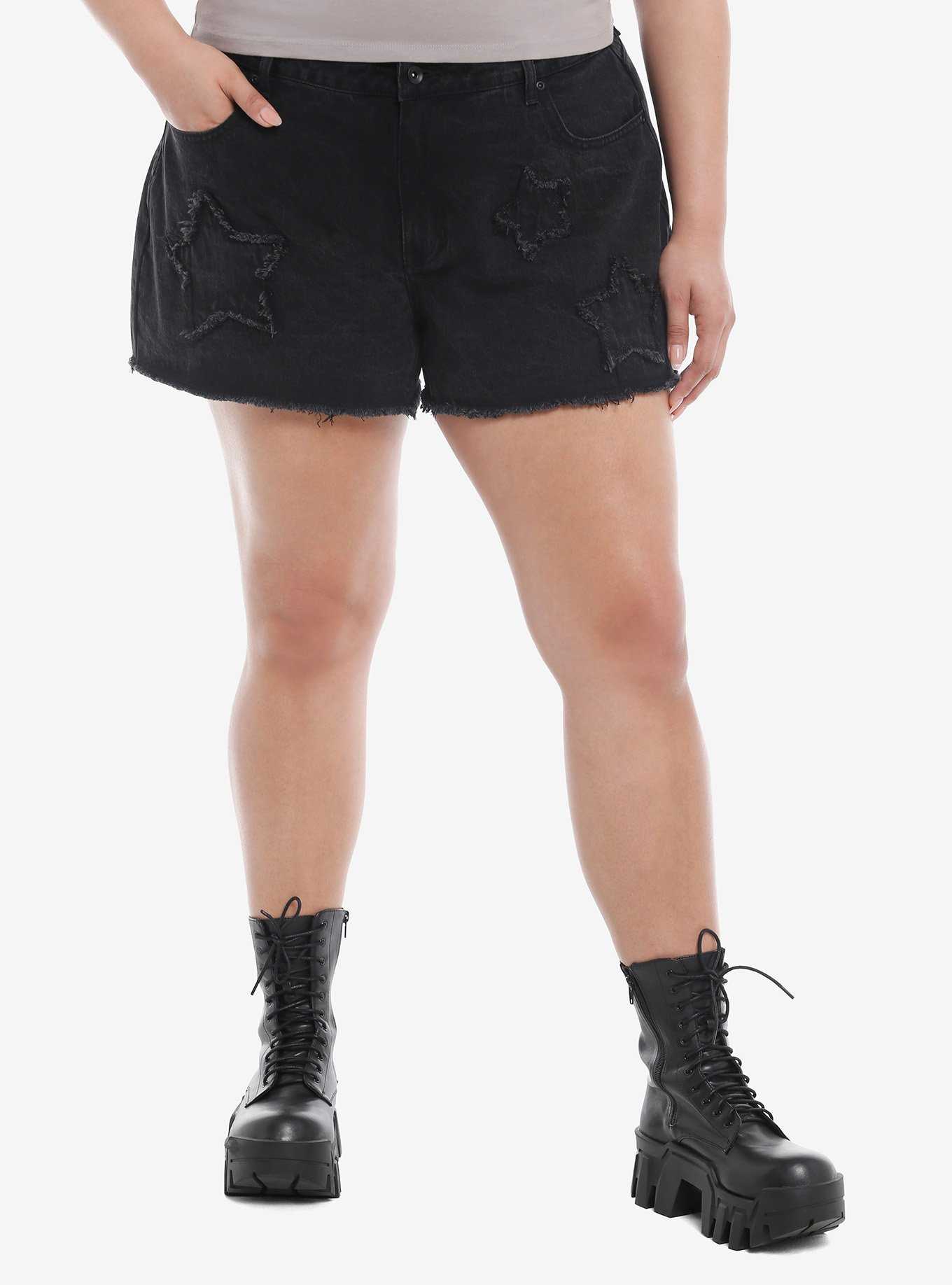 Social Collision Black Star Patch Girls Denim Shorts Plus Size, , hi-res