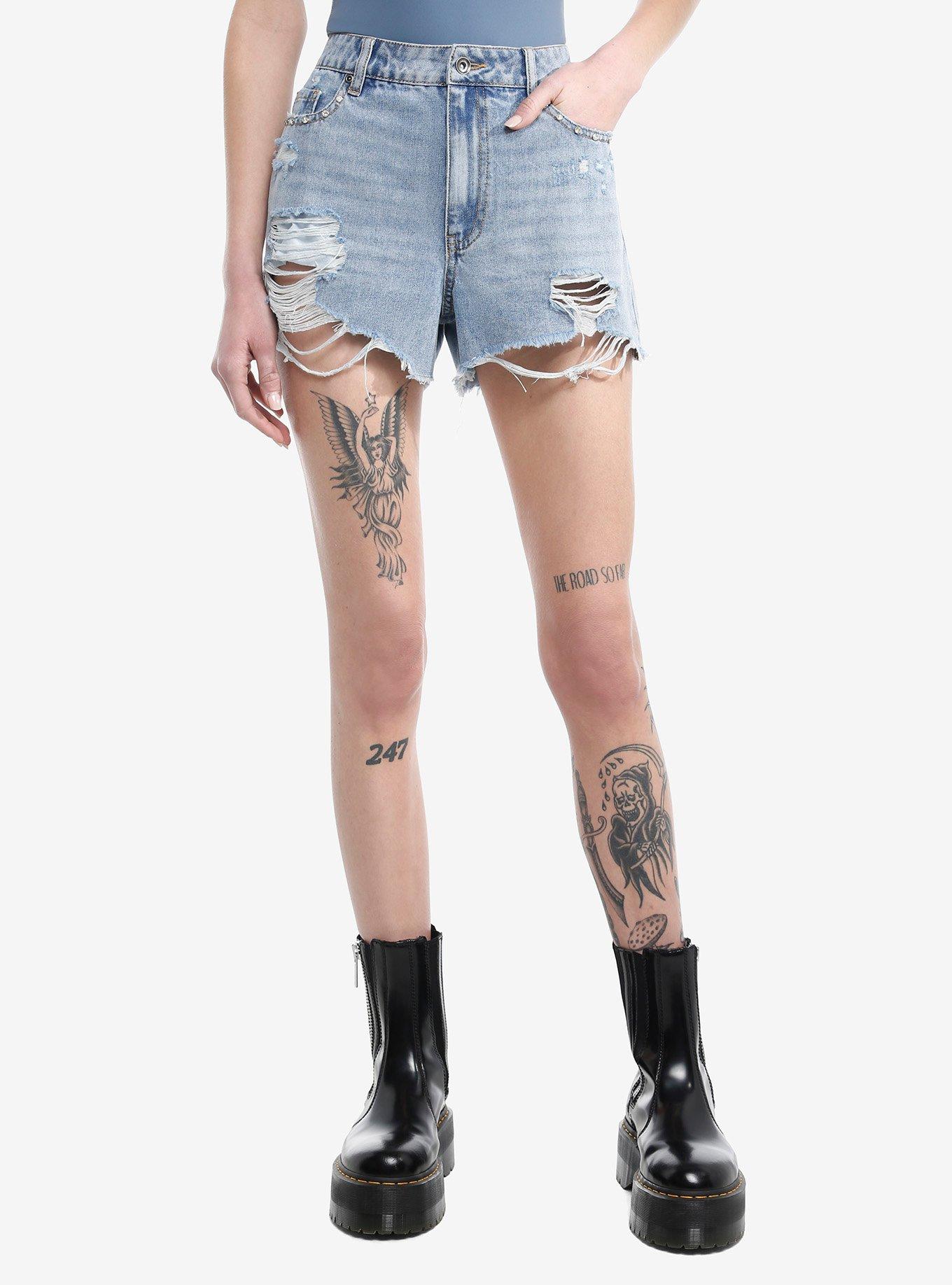 Skull Rhinestone Stud Denim Shorts, INDIGO, hi-res