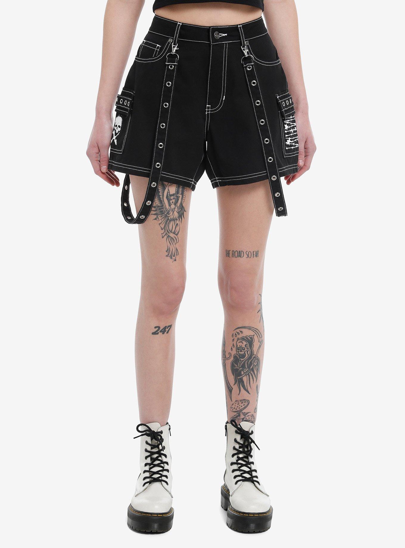 Black Skull & Barb Wire Girls Cargo Shorts, , hi-res