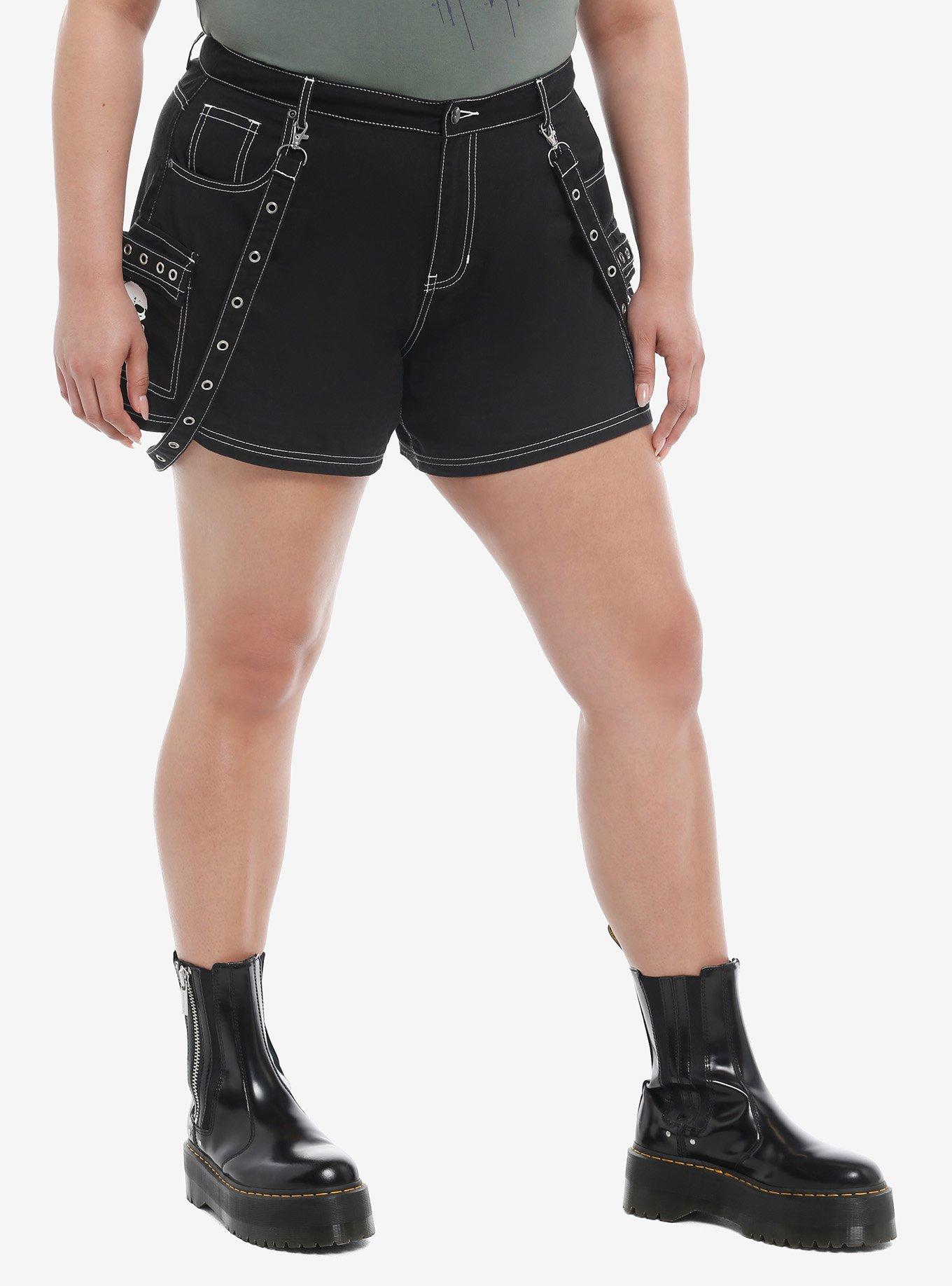 Black Skull & Barb Wire Girls Cargo Shorts Plus Size, , hi-res