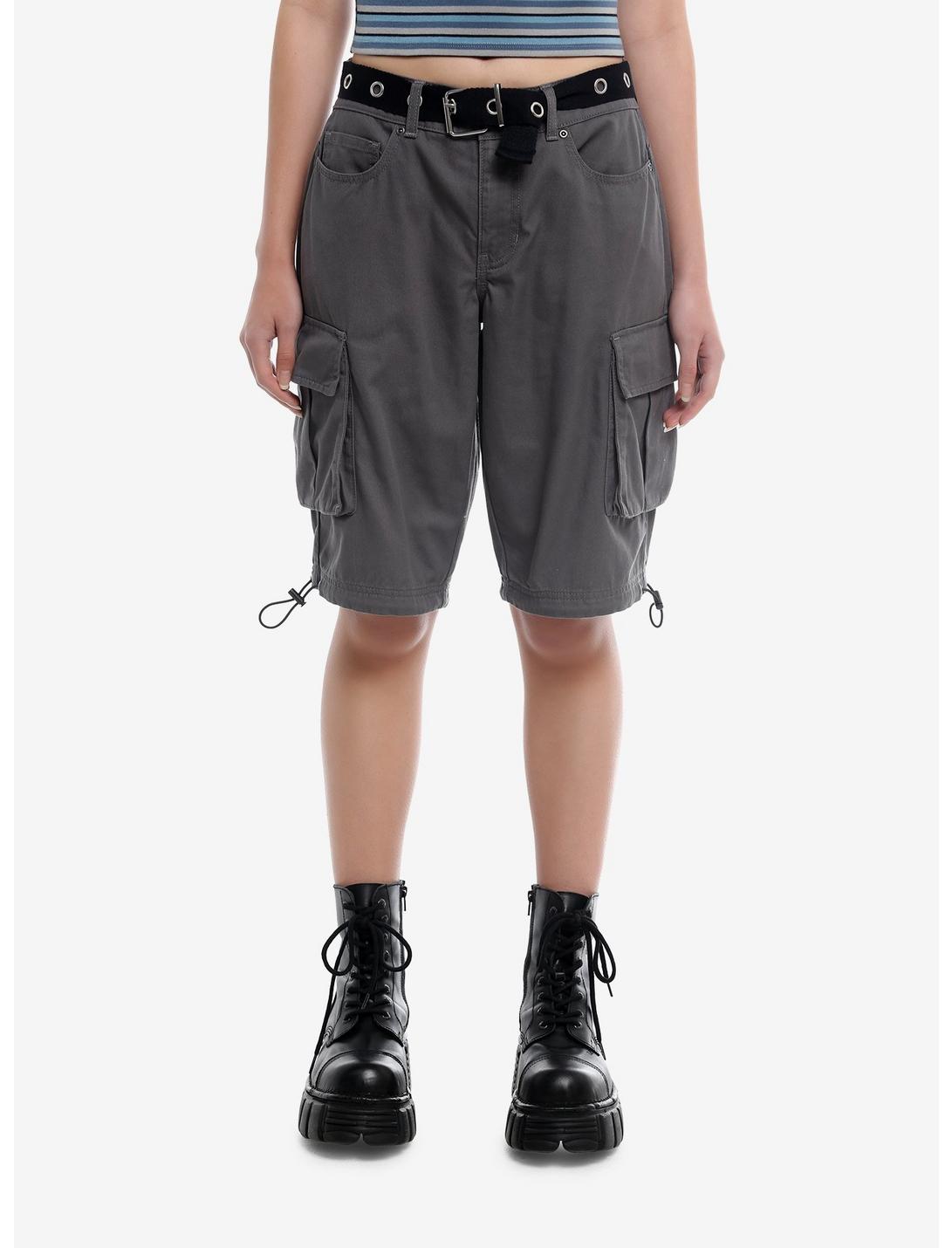 Grey Cargo Shorts With Grommet Belt, DARK BLUE, hi-res