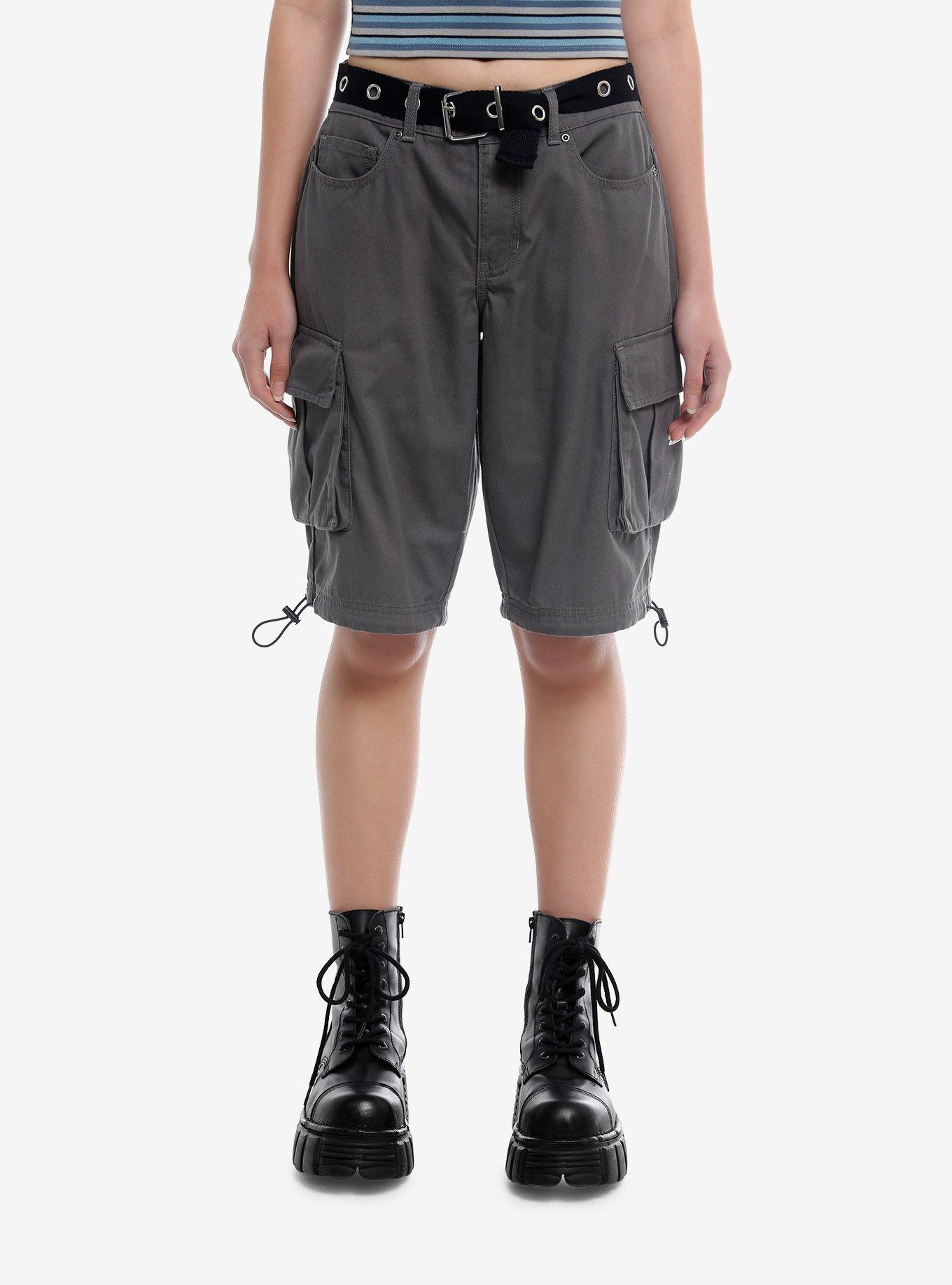 Grey Cargo Shorts With Grommet Belt, DARK BLUE, hi-res