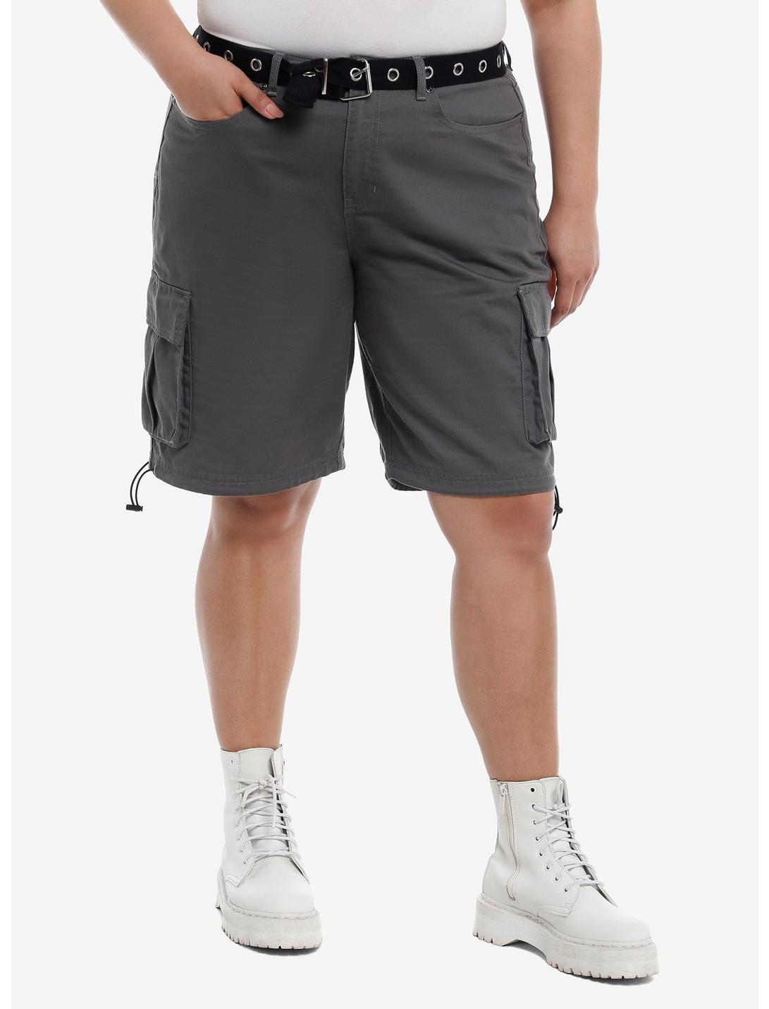 Grey Cargo Shorts With Grommet Belt Plus Size, DARK BLUE, hi-res