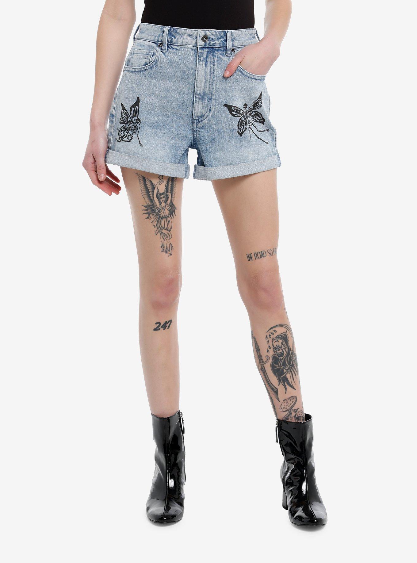 Thorn & Fable® Skull Fairy High-Waisted Denim Shorts, INDIGO, hi-res