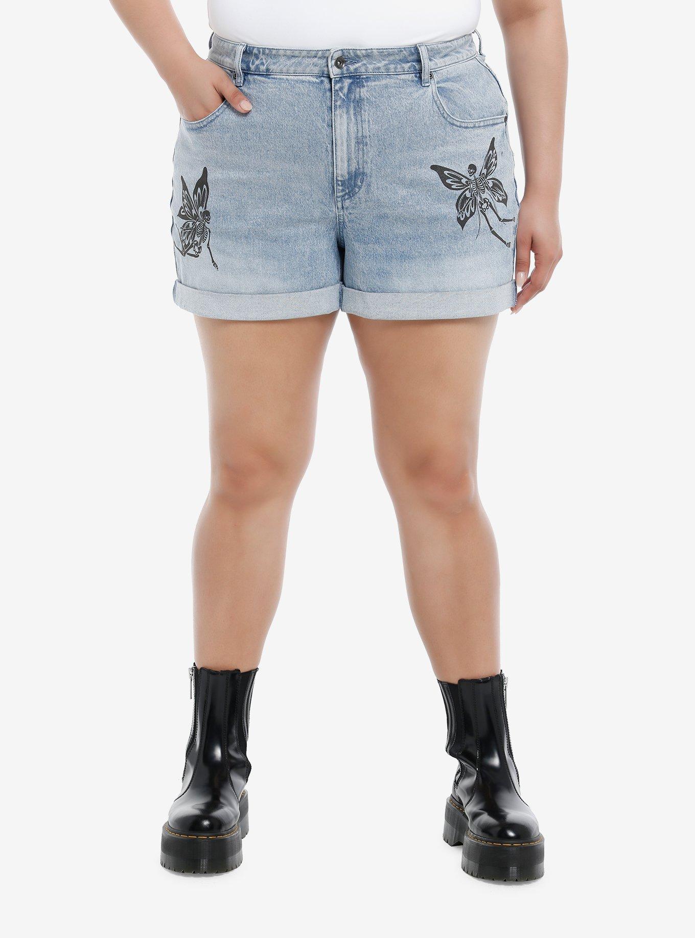 Thorn & Fable Skull Fairy High-Waisted Denim Shorts Plus Size, INDIGO, hi-res