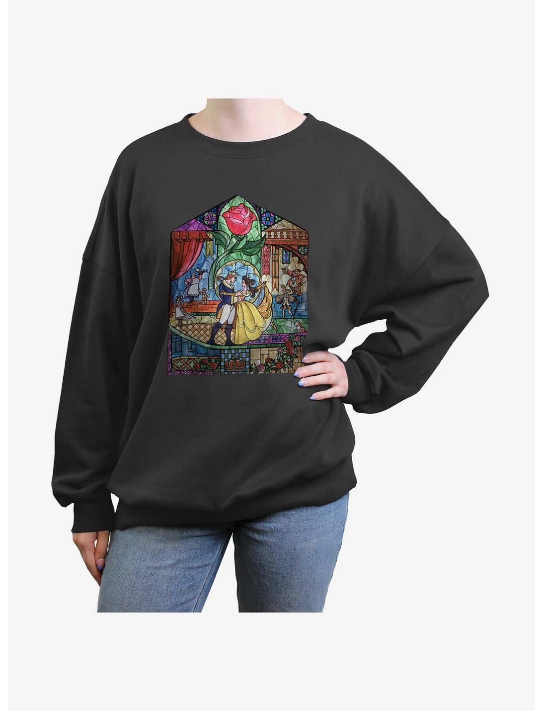 Disney Beauty and the Beast Stained Glass Story Girls Oversized Sweatshirt, CHARCOAL, hi-res