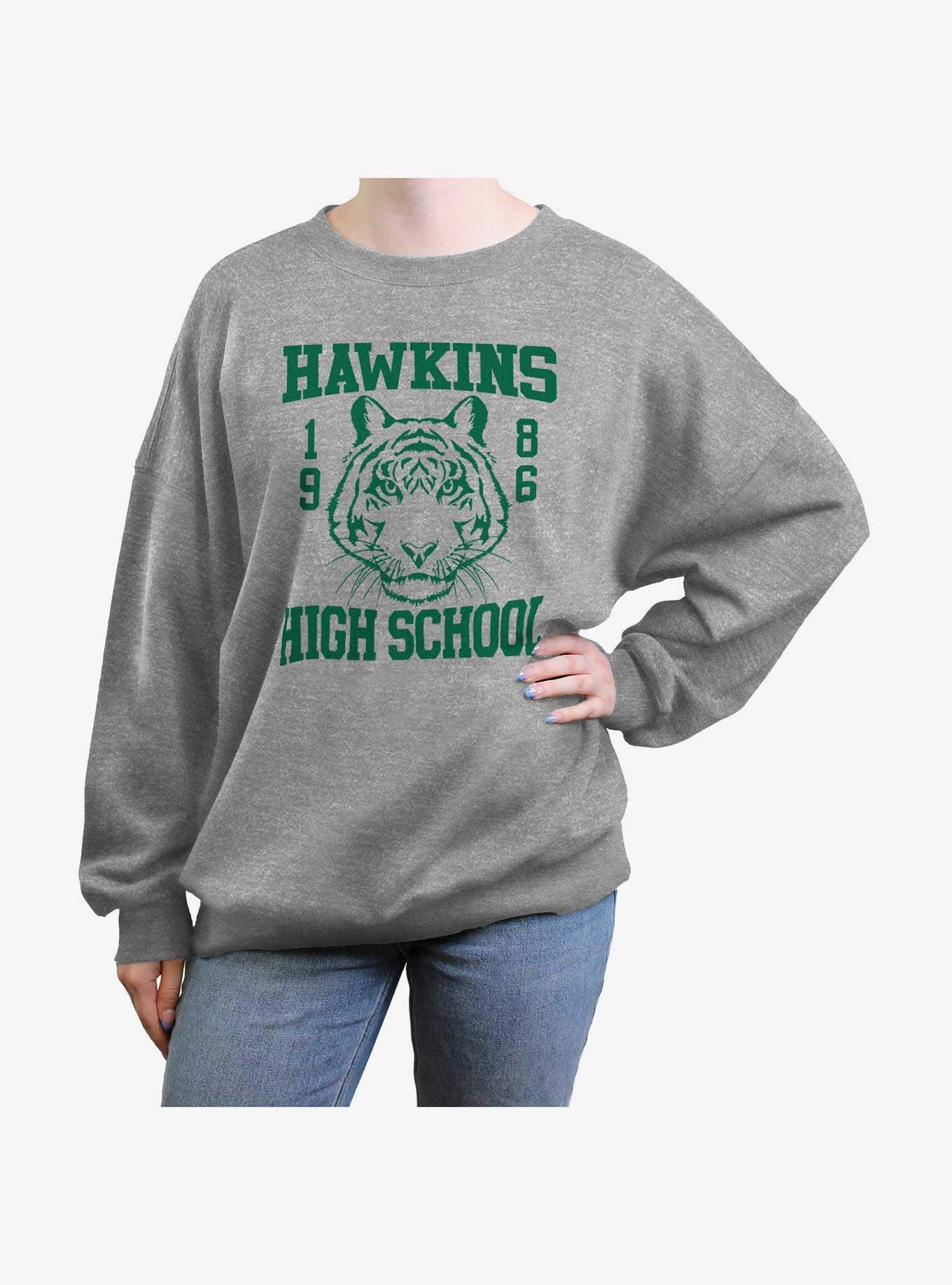Stranger Things Hawkins High School 1986 Girls Oversized Sweatshirt, HEATHER GR, hi-res