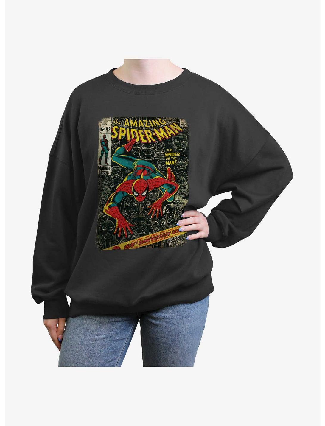 Marvel Spider-Man: Across The Spider-Verse Comic Cover Womens Oversized Sweatshirt, CHARCOAL, hi-res