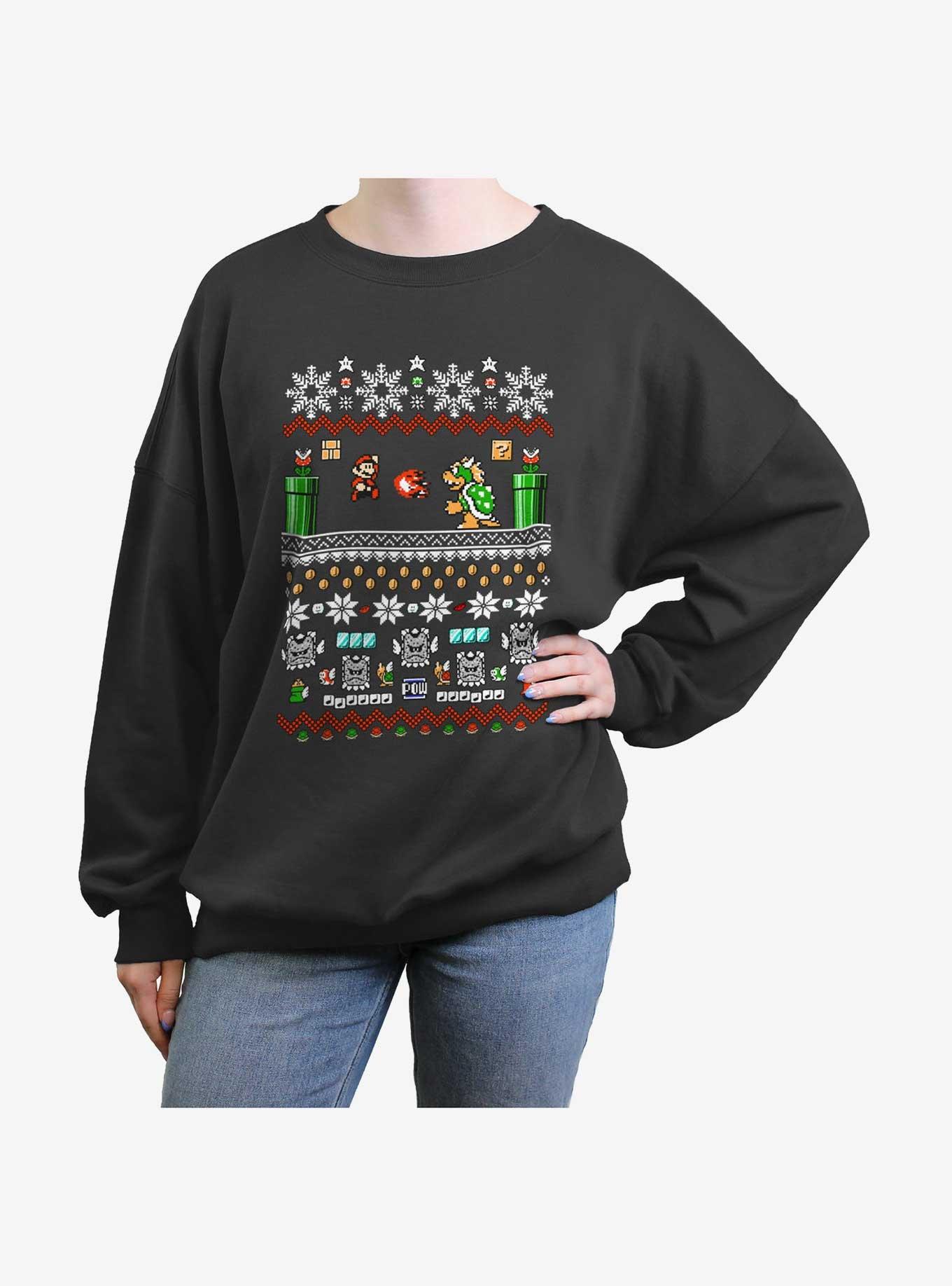 Nintendo Mario Game Ugly Christmas Womens Oversized Sweatshirt, CHARCOAL, hi-res