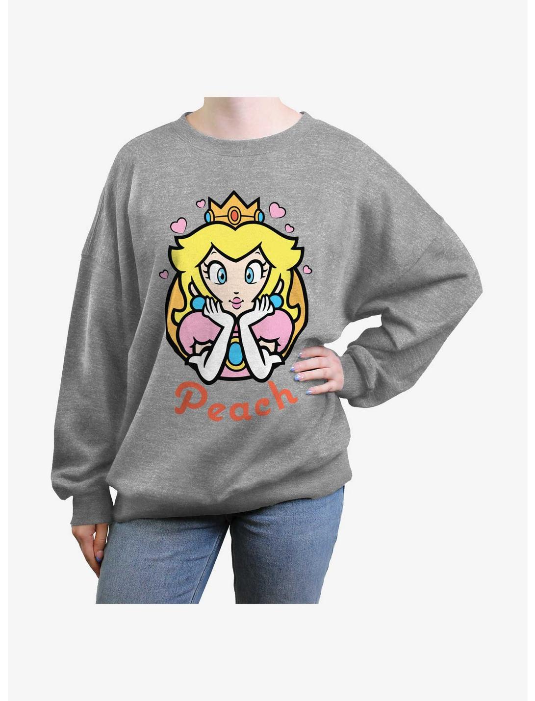 Mario Peach Hearts Womens Oversized Sweatshirt, HEATHER GR, hi-res