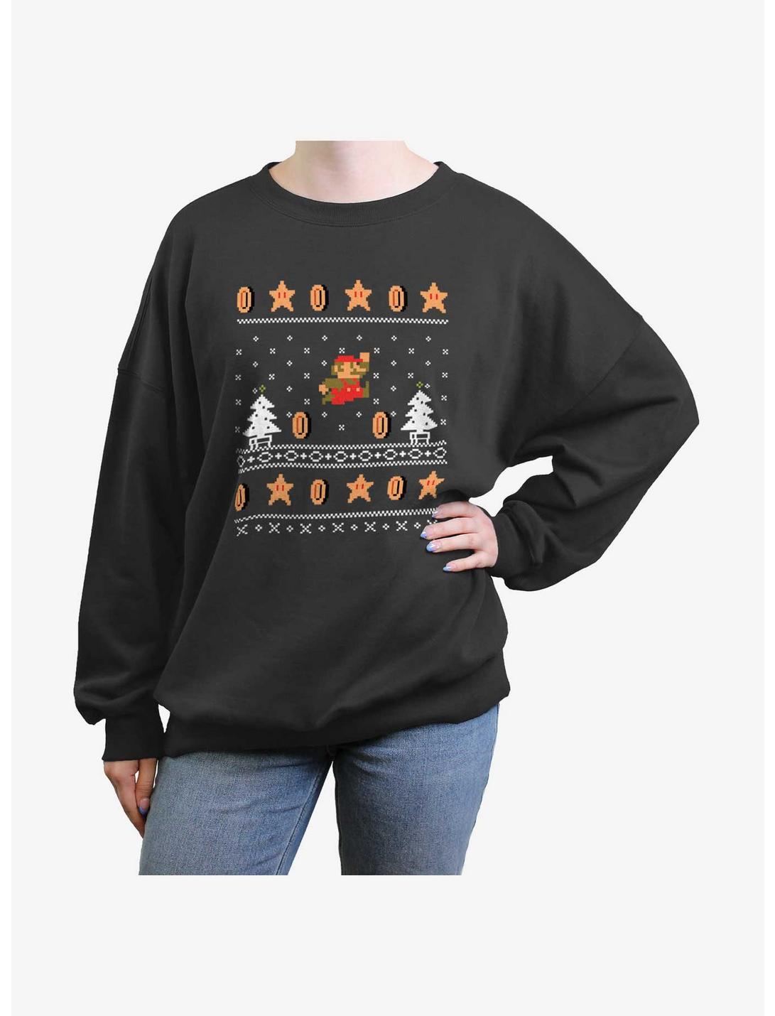 Nintendo Mario Ugly Christmas Womens Oversized Sweatshirt, CHARCOAL, hi-res