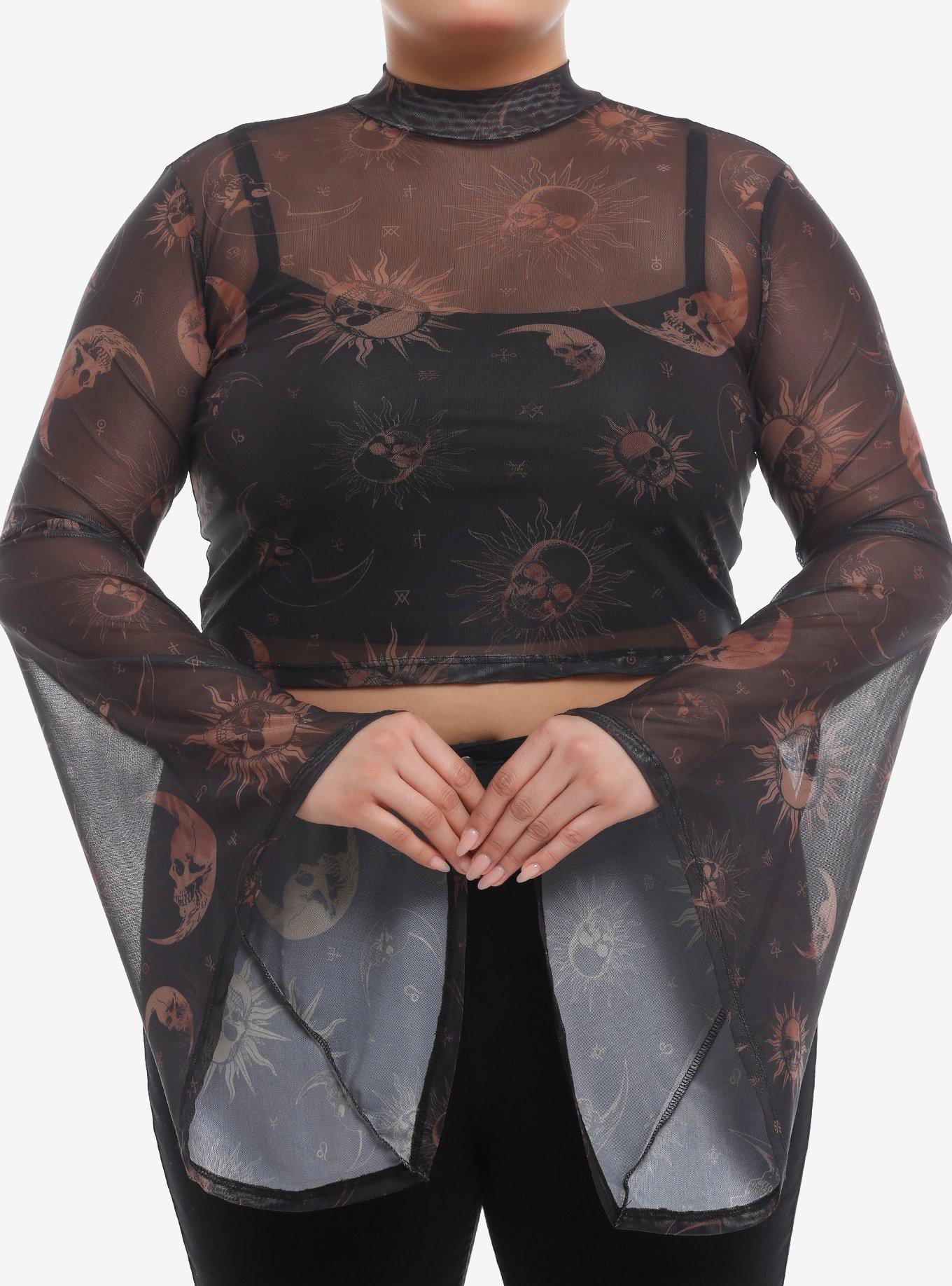 Cosmic Aura Skull Celestial Girls Twofer Mesh Top Plus Size, GOLD, hi-res