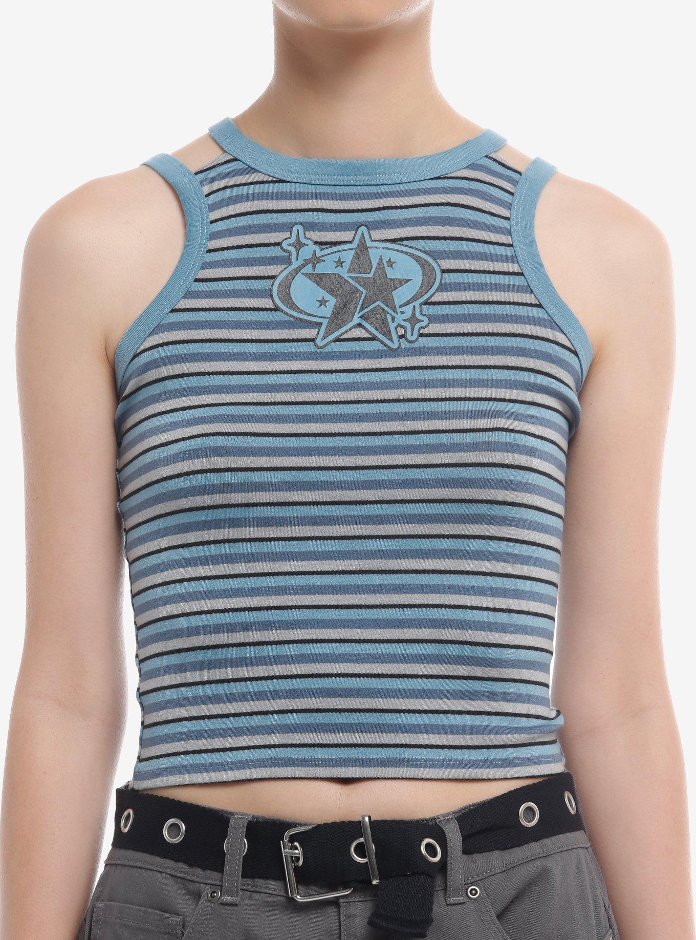 Social Collision® Blue & Grey Stripe Stars Double-Strap Girls Tank Top, , hi-res