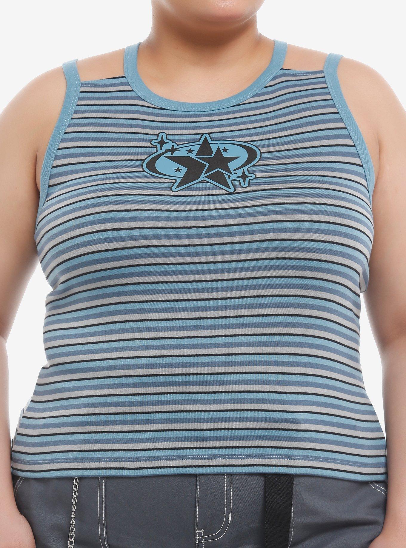 Social Collision&reg; Blue & Grey Stripe Stars Double-Strap Girls Tank Top Plus Size, GREY, hi-res