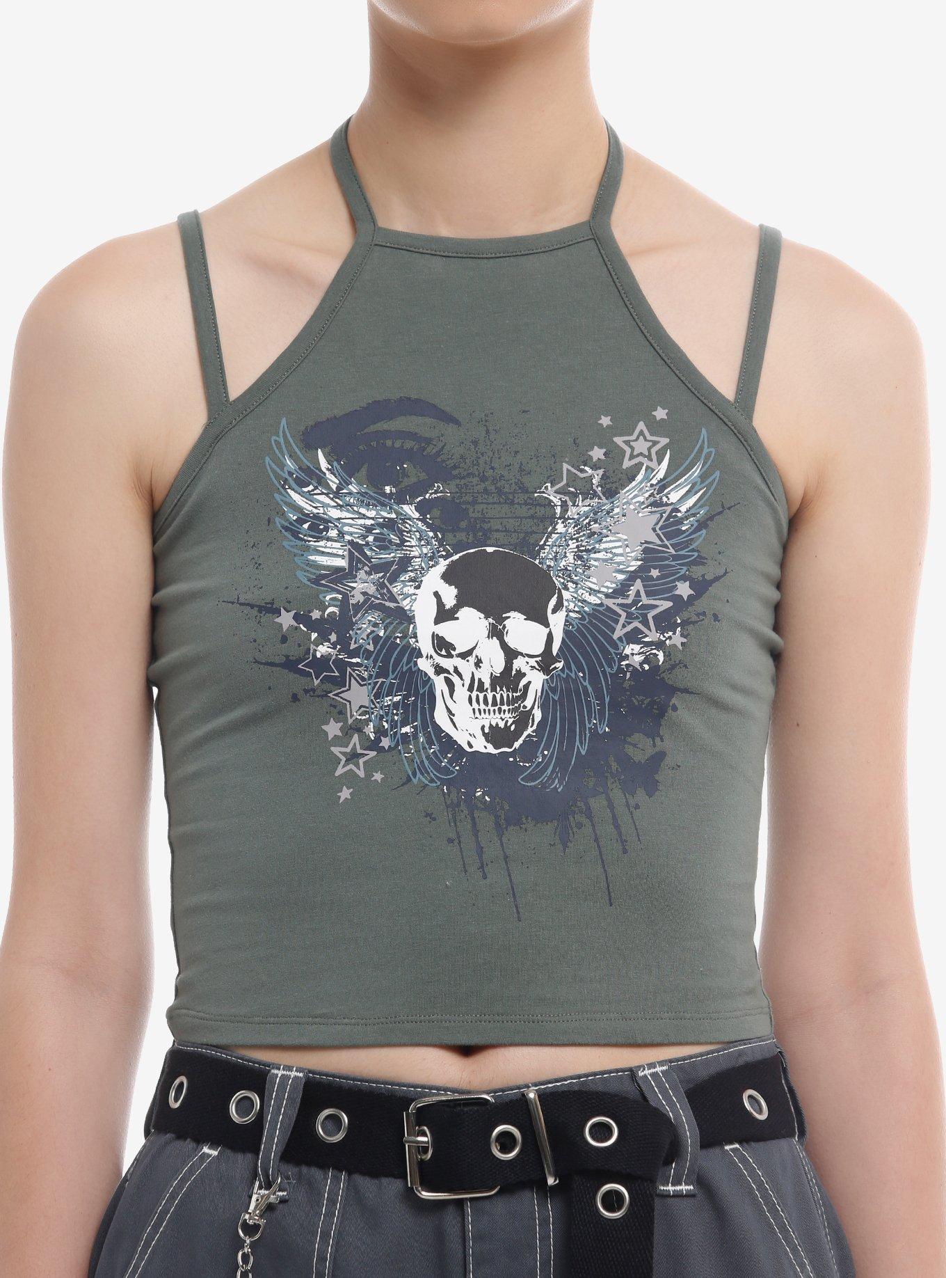 Social Collision® Winged Skull & Stars Girls Halter Tank Top, , hi-res