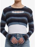 Social Collision® Blue & Grey Stripe Safety Pin Bolero Girls Crop Sweater, NAVY, hi-res