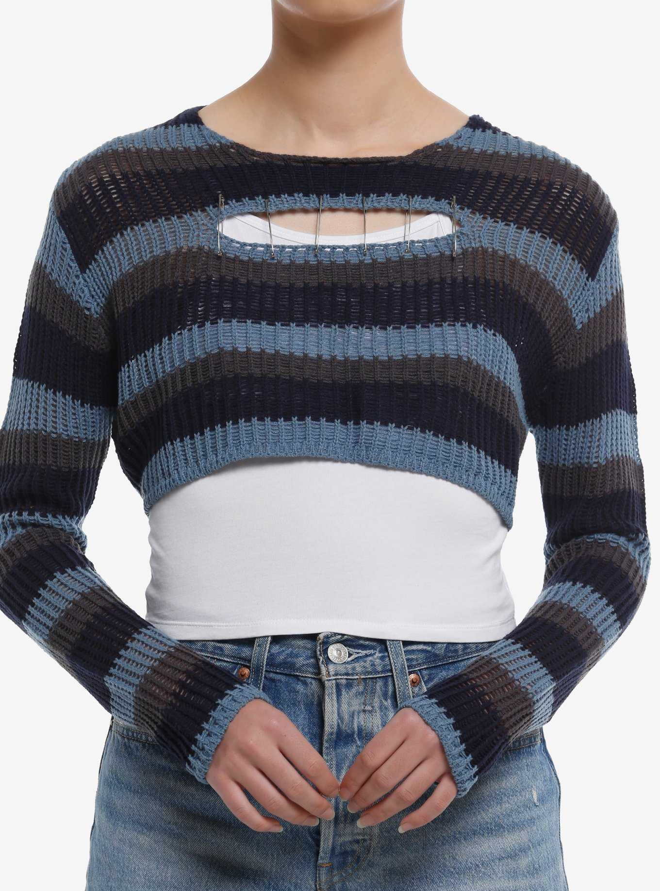 Social Collision Blue & Grey Stripe Safety Pin Bolero Girls Crop Sweater, , hi-res