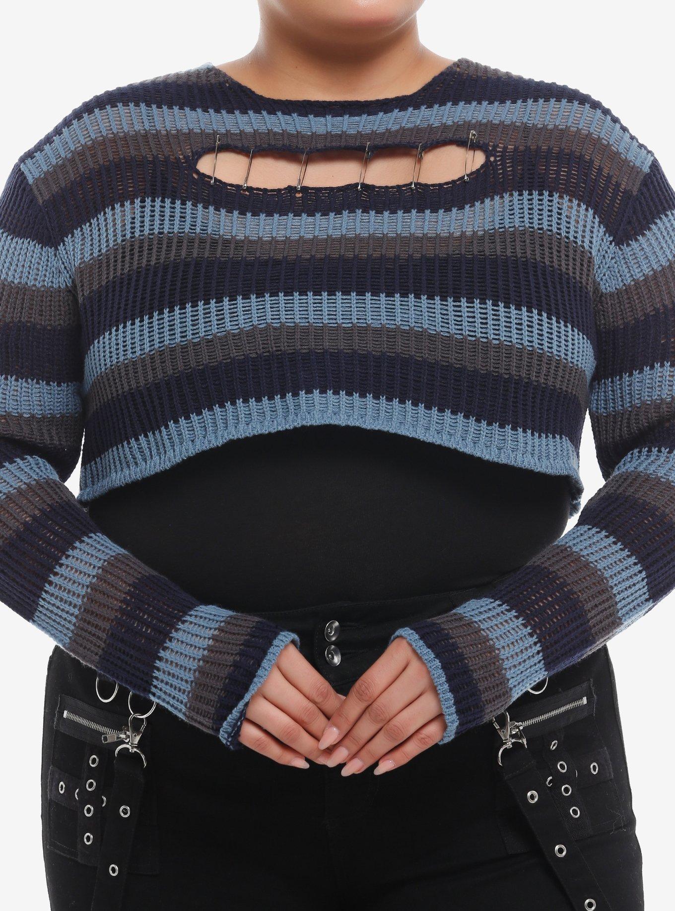Social Collision® Blue & Grey Stripe Safety Pin Bolero Girls Crop Sweater Plus
