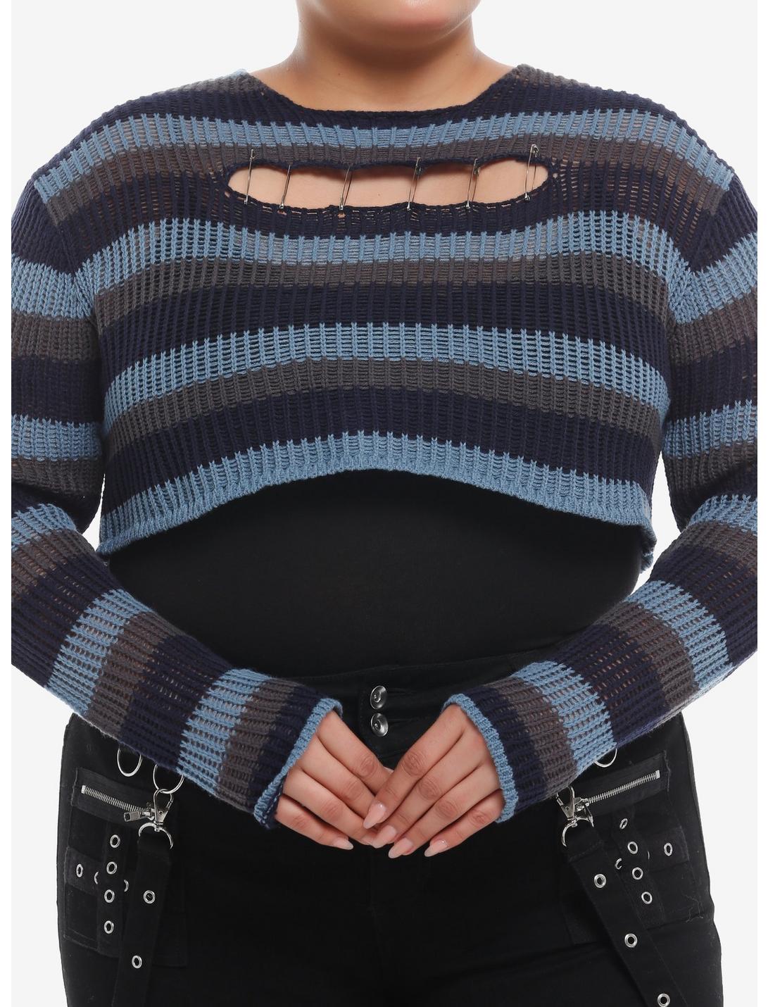 Social Collision® Blue & Grey Stripe Safety Pin Bolero Girls Crop Sweater Plus Size, NAVY, hi-res