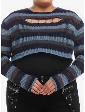 Social Collision® Blue & Grey Stripe Safety Pin Bolero Girls Crop Sweater Plus Size, , hi-res