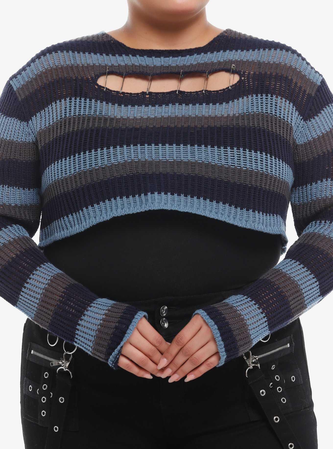 Social Collision® Blue & Grey Stripe Safety Pin Bolero Girls Crop Sweater Plus Size, , hi-res