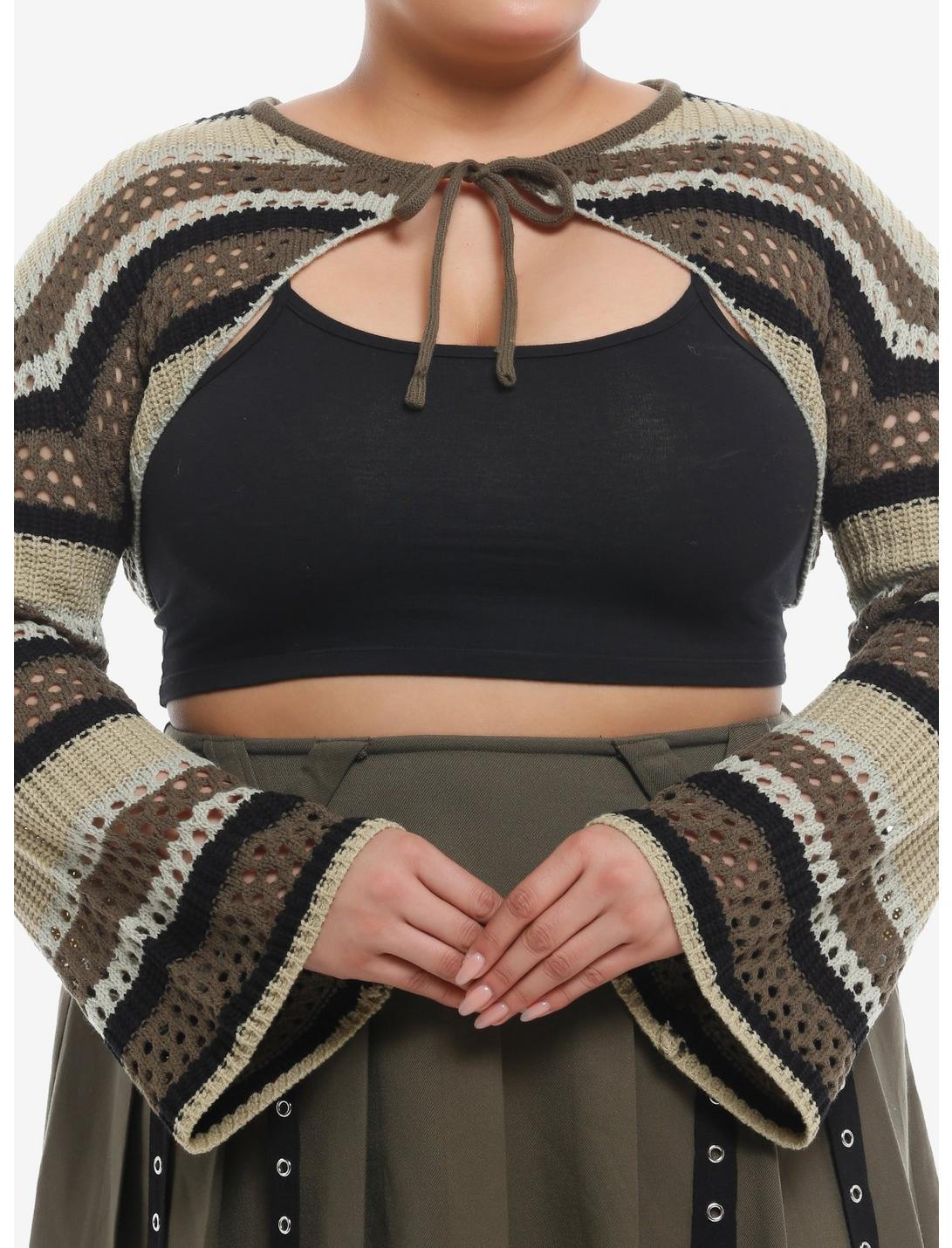 Social Collision® Green Tan Knit Bolero Girls Crop Shrug Plus Size, , hi-res