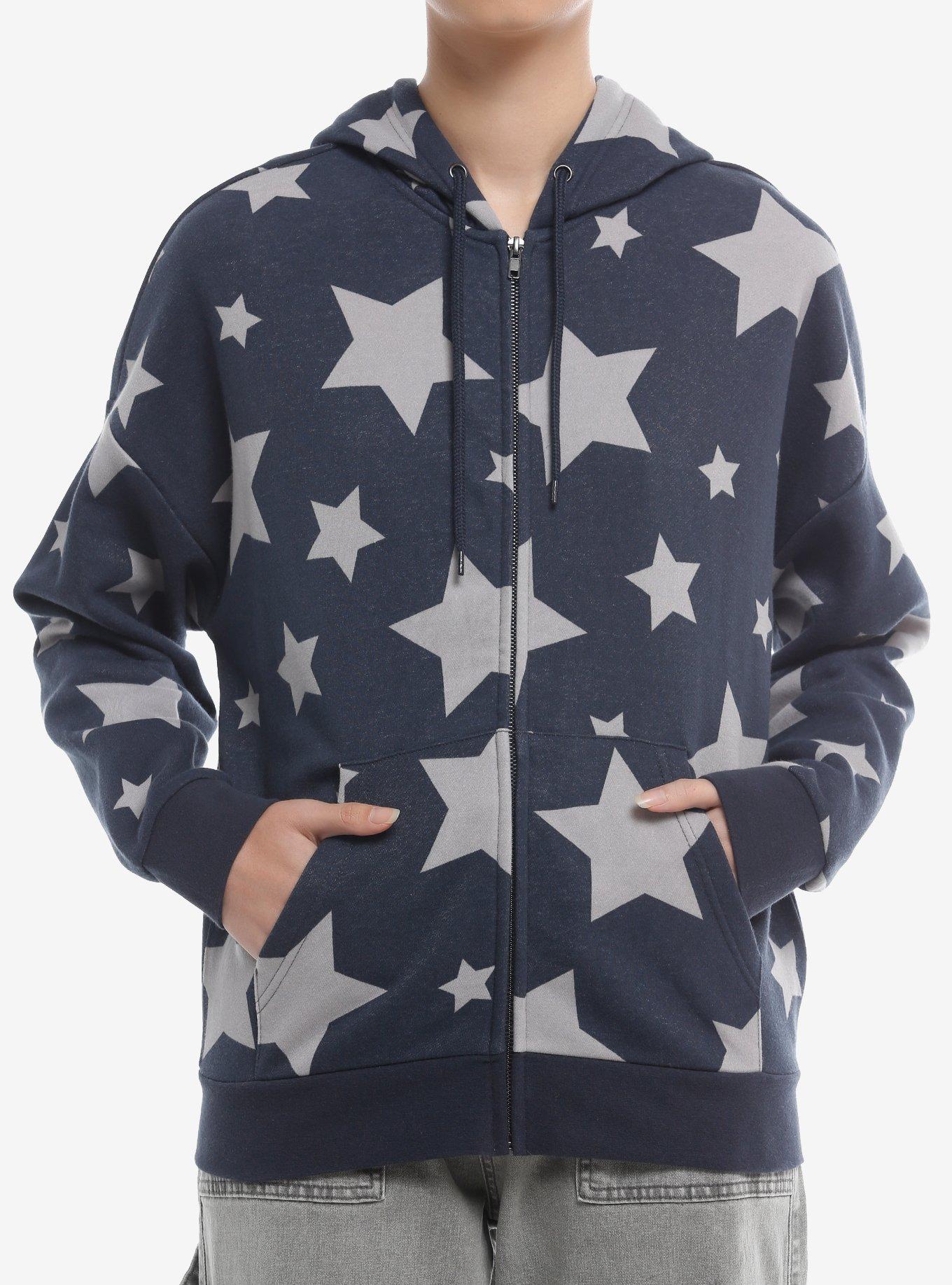 Social Collision&reg; Dark Blue & Grey Star Girls Hoodie, , hi-res