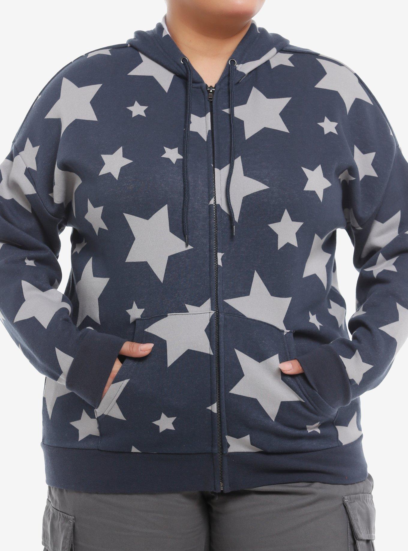 Social Collision® Dark Blue & Grey Star Girls Hoodie Plus Size, GREY, hi-res