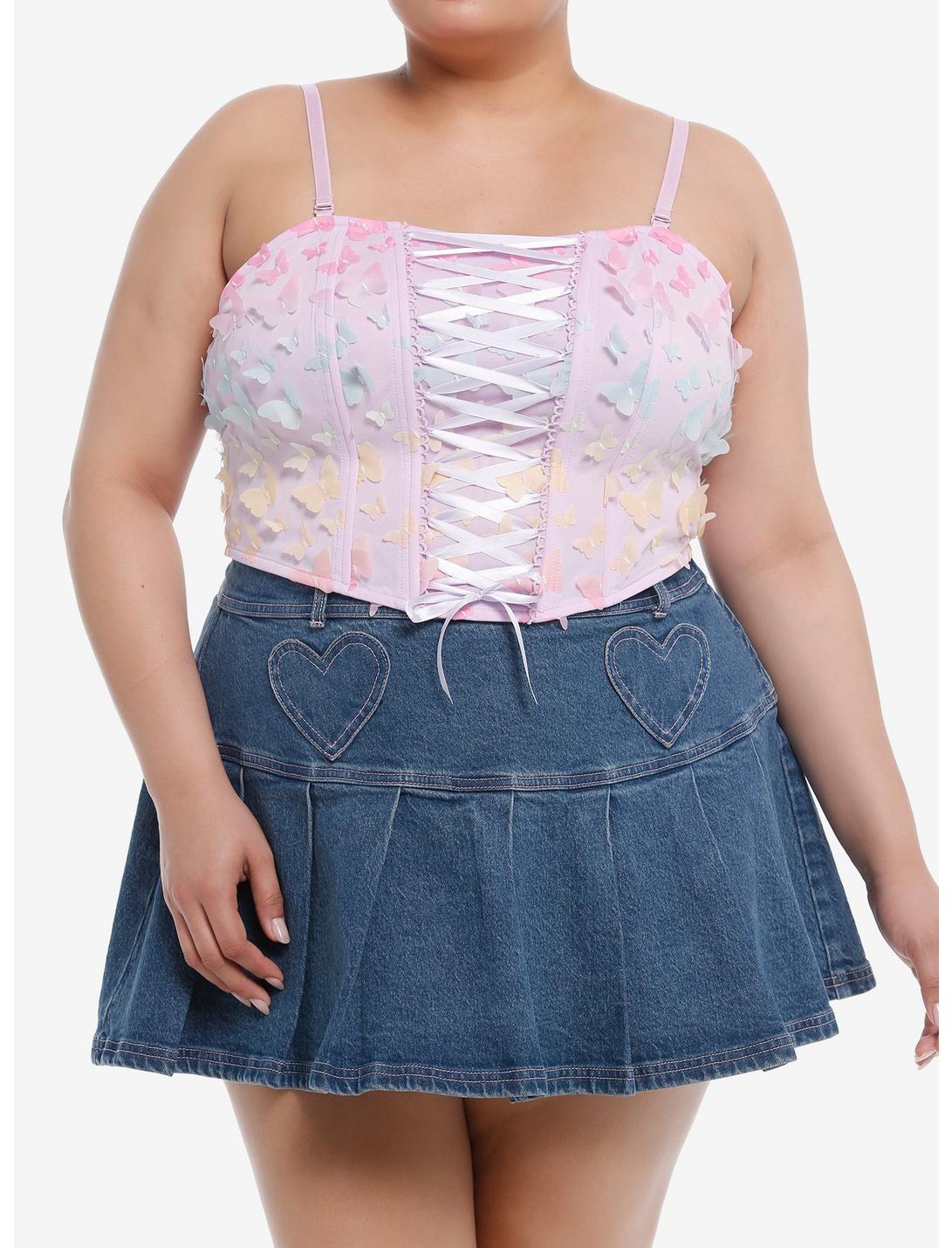 Thorn & Fable® Rainbow Butterfly Pastel Lace-Up Girls Corset Cami Plus Size, MULTI, hi-res