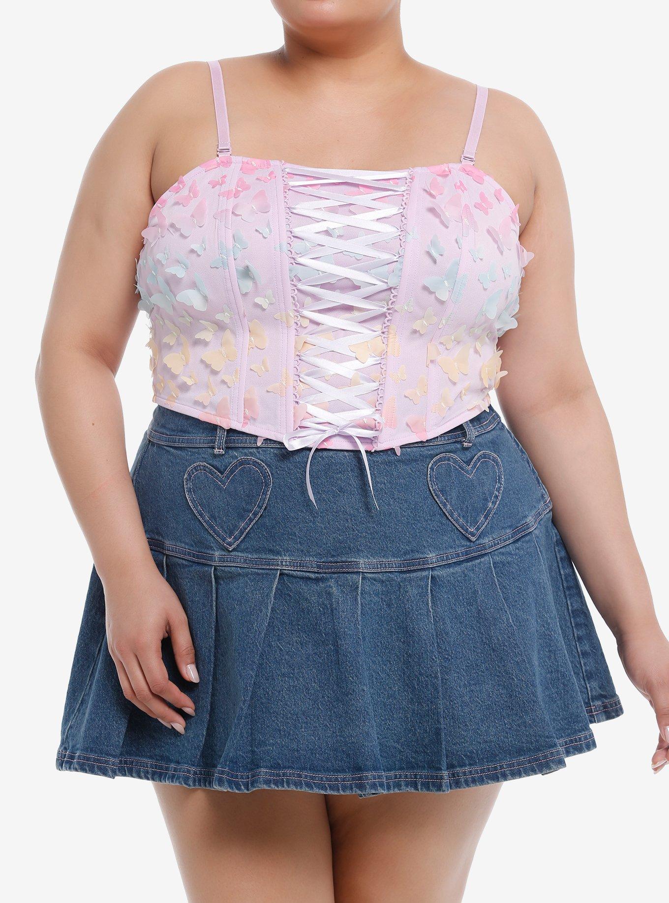 Thorn & Fable® Rainbow Butterfly Pastel Lace-Up Girls Corset Cami Plus Size, MULTI, hi-res
