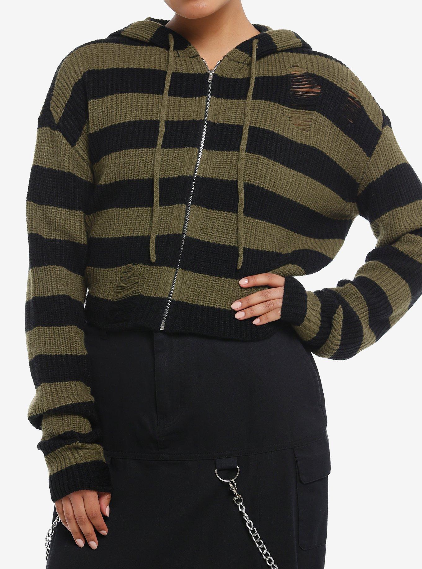 Black & Green Distressed Boxy Girls Crop Knit Hoodie, , hi-res