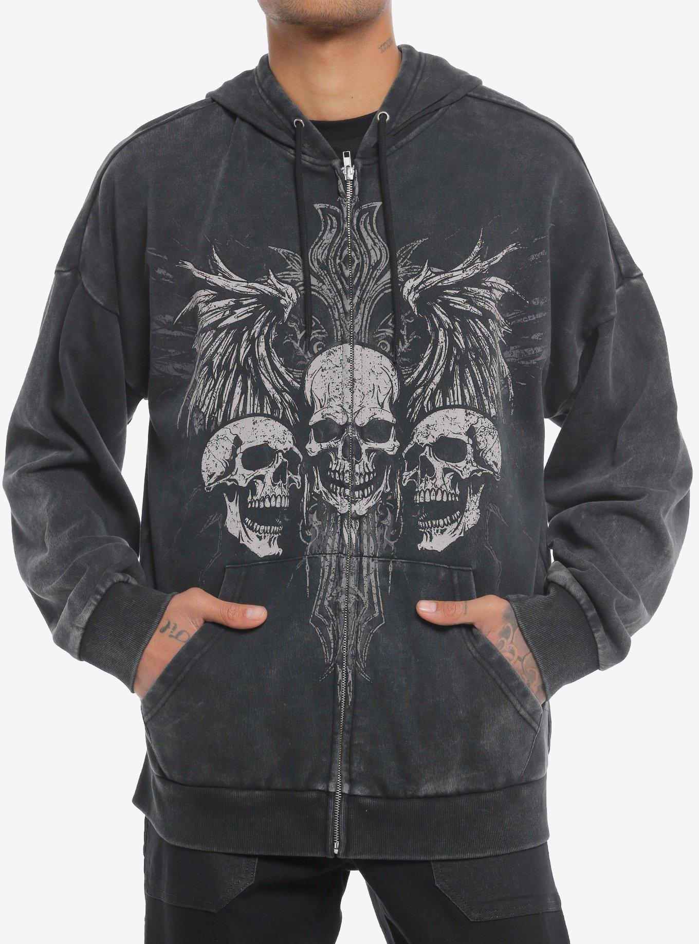 Social Collision® Triple Skull Wings Dark Wash Hoodie