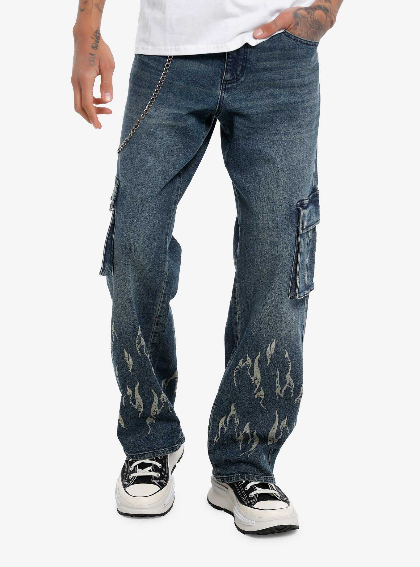Indigo Flame Cargo Pocket Straight-Leg Jeans, , hi-res