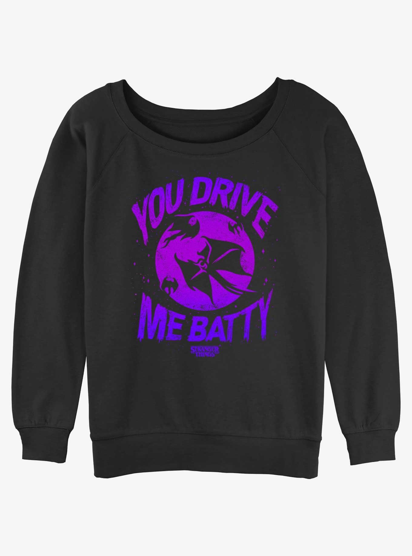 Stranger Things You Drive Me Demo Batty Girls Slouchy Sweatshirt, BLACK, hi-res