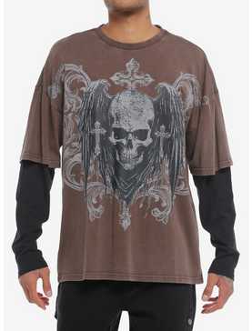 Social Collision® Skulls & Crosses Oversized Twofer Long-Sleeve T-Shirt, , hi-res