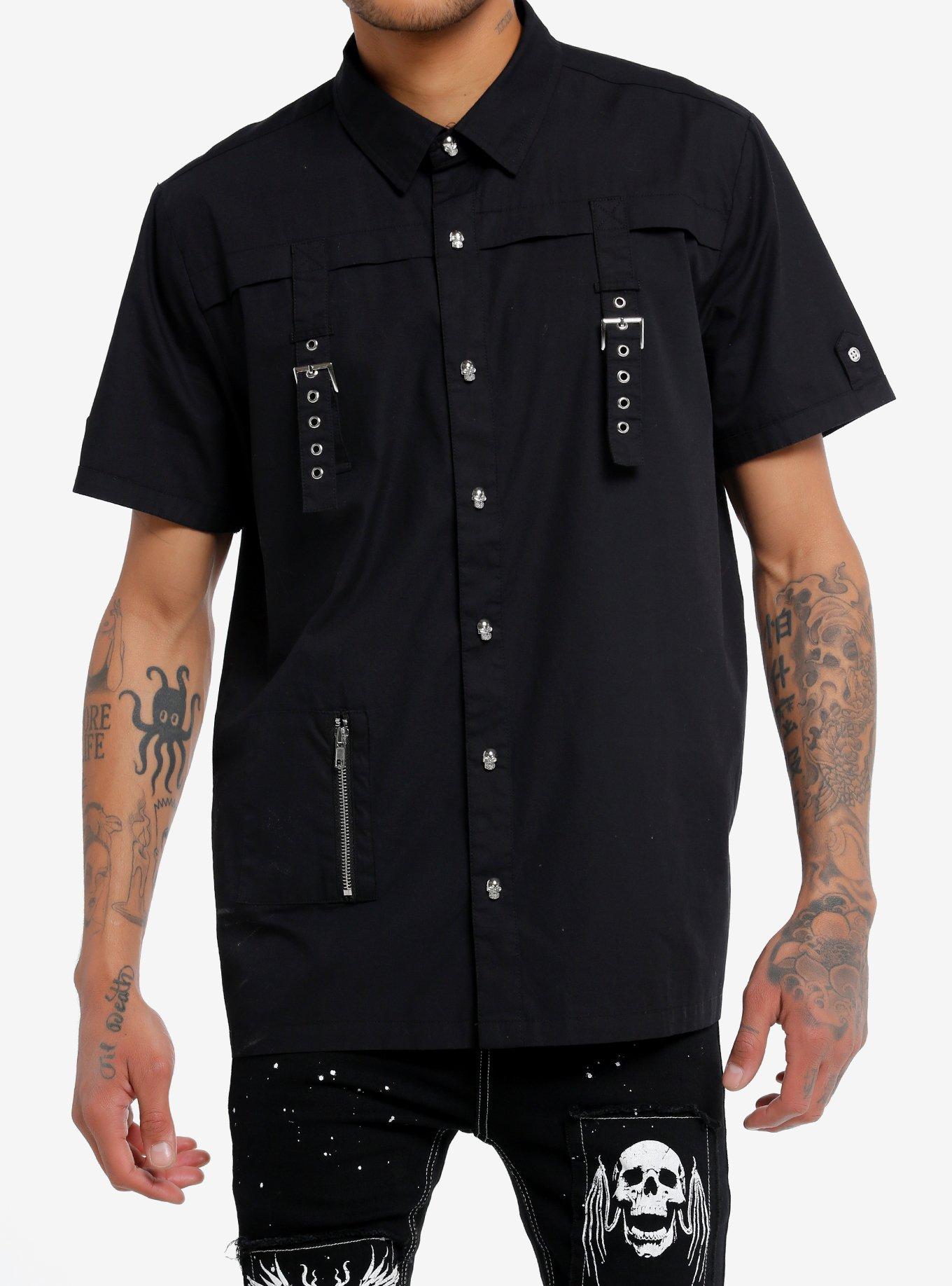 Cosmic Aura® Black Grommet Strap Woven Button-Up, BLACK, hi-res