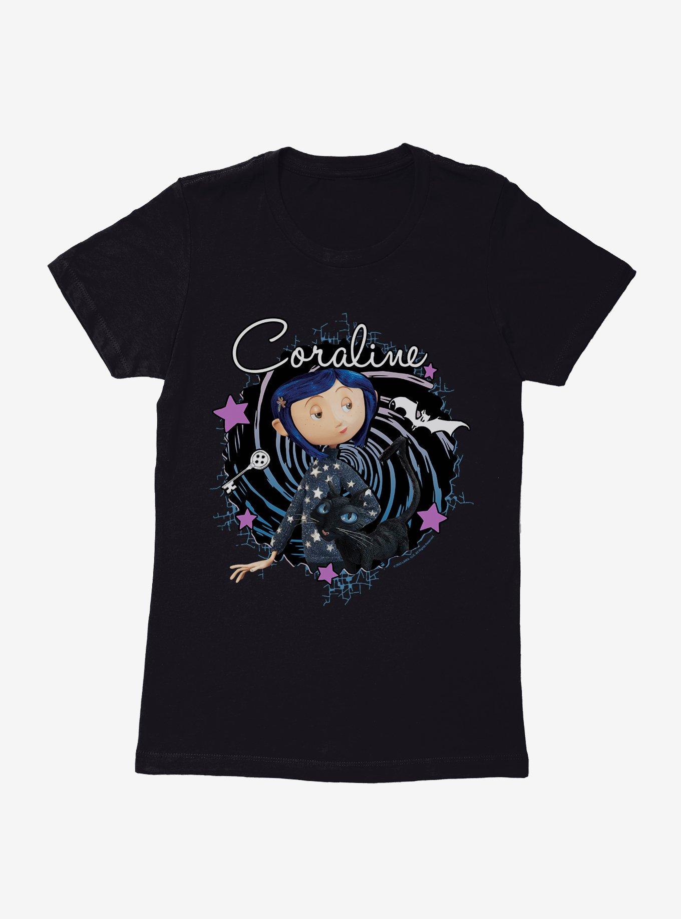 Coraline The Cat Swirl And Stars Womens T-Shirt, BLACK, hi-res