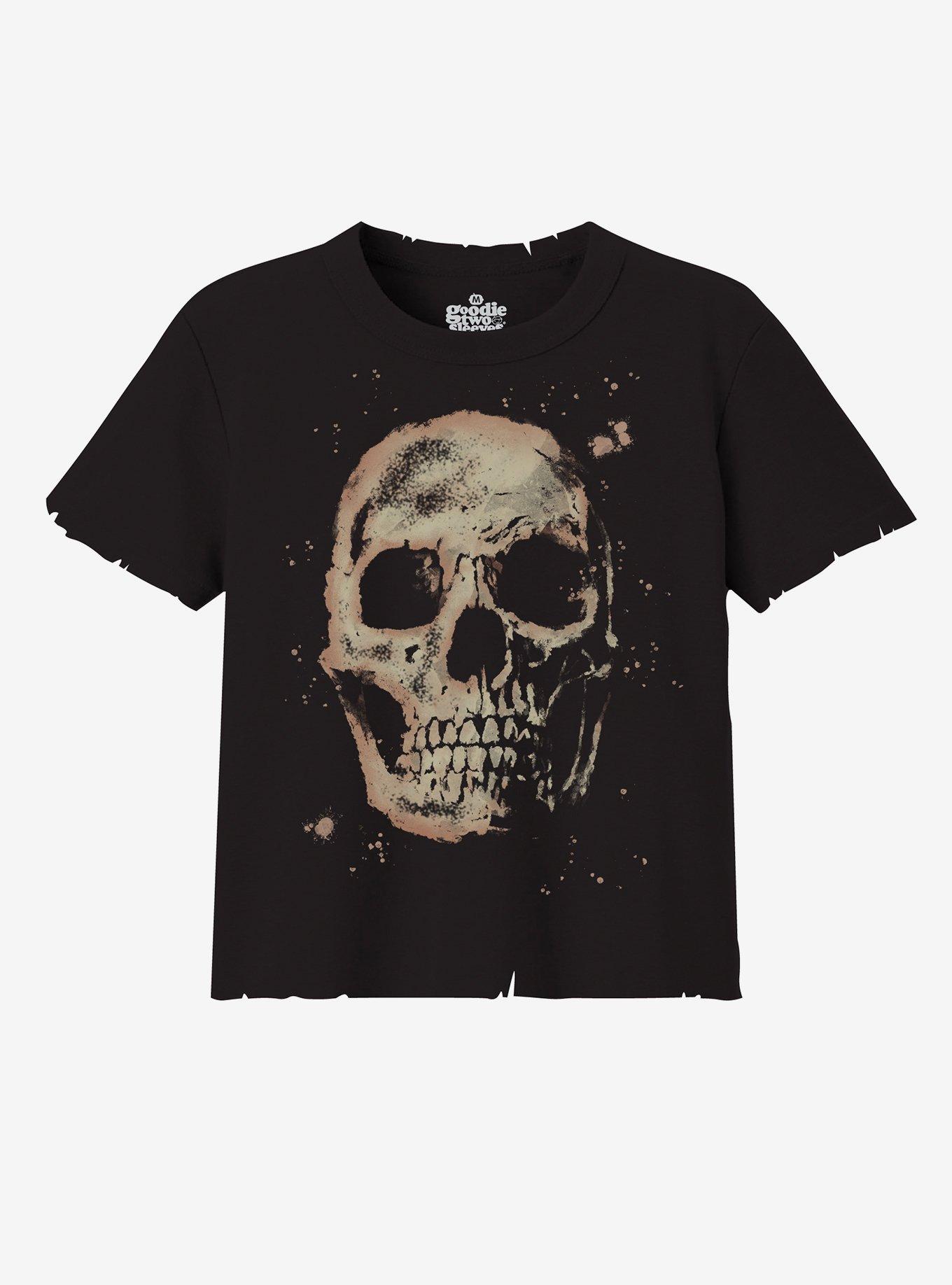 Skull Distressed Bleach-Dye Boyfriend Fit Girls T-Shirt
