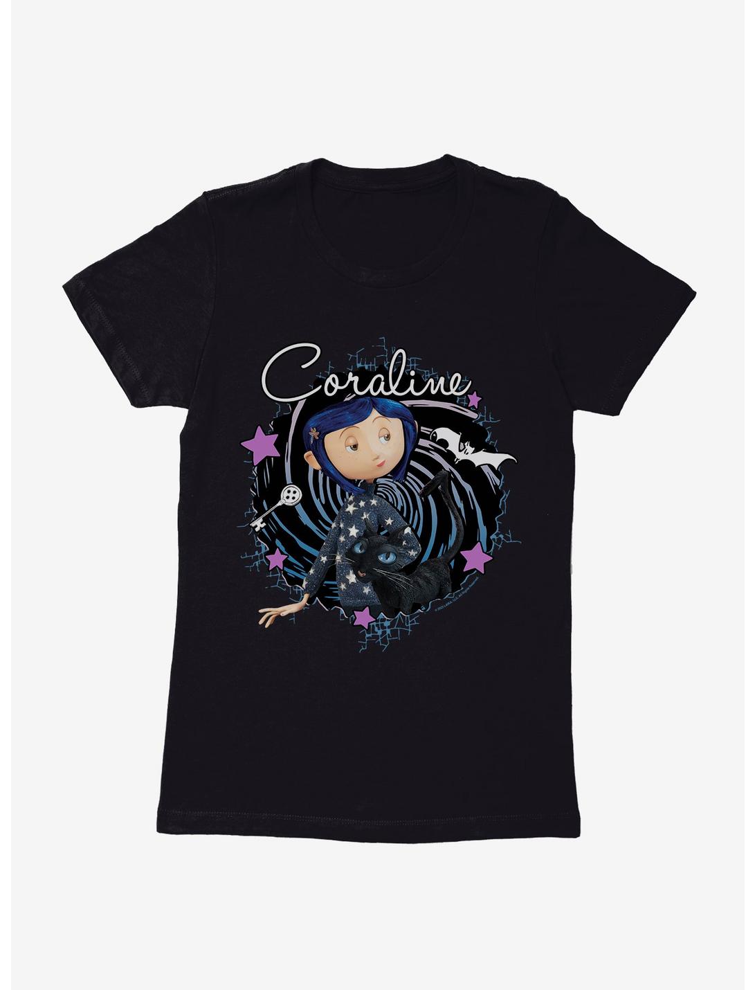 Coraline The Cat Swirl And Stars Womens T-Shirt, BLACK, hi-res