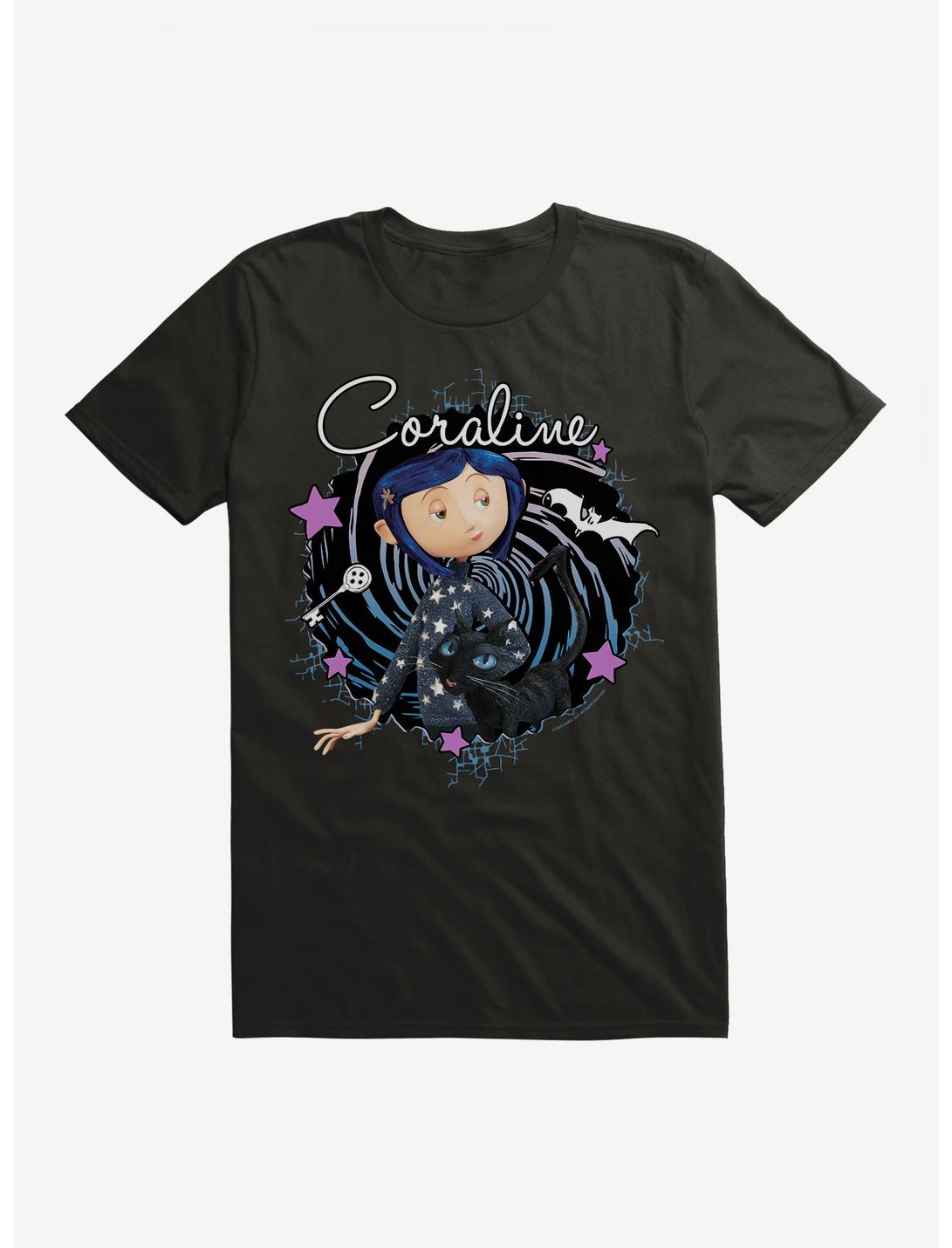 Coraline The Cat Swirl And Stars T-Shirt, BLACK, hi-res
