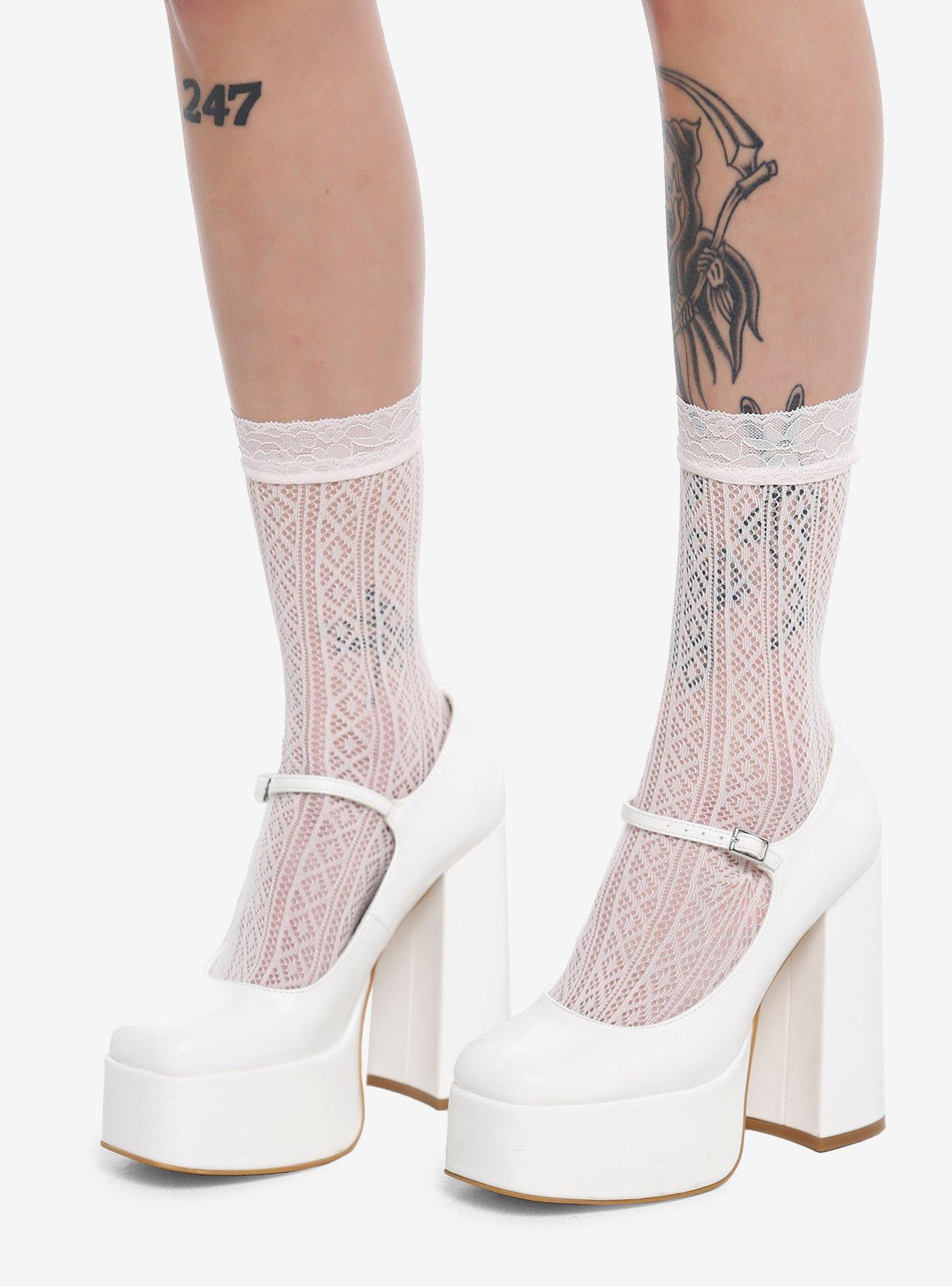 Pink Floral Lace Crew Socks, , hi-res