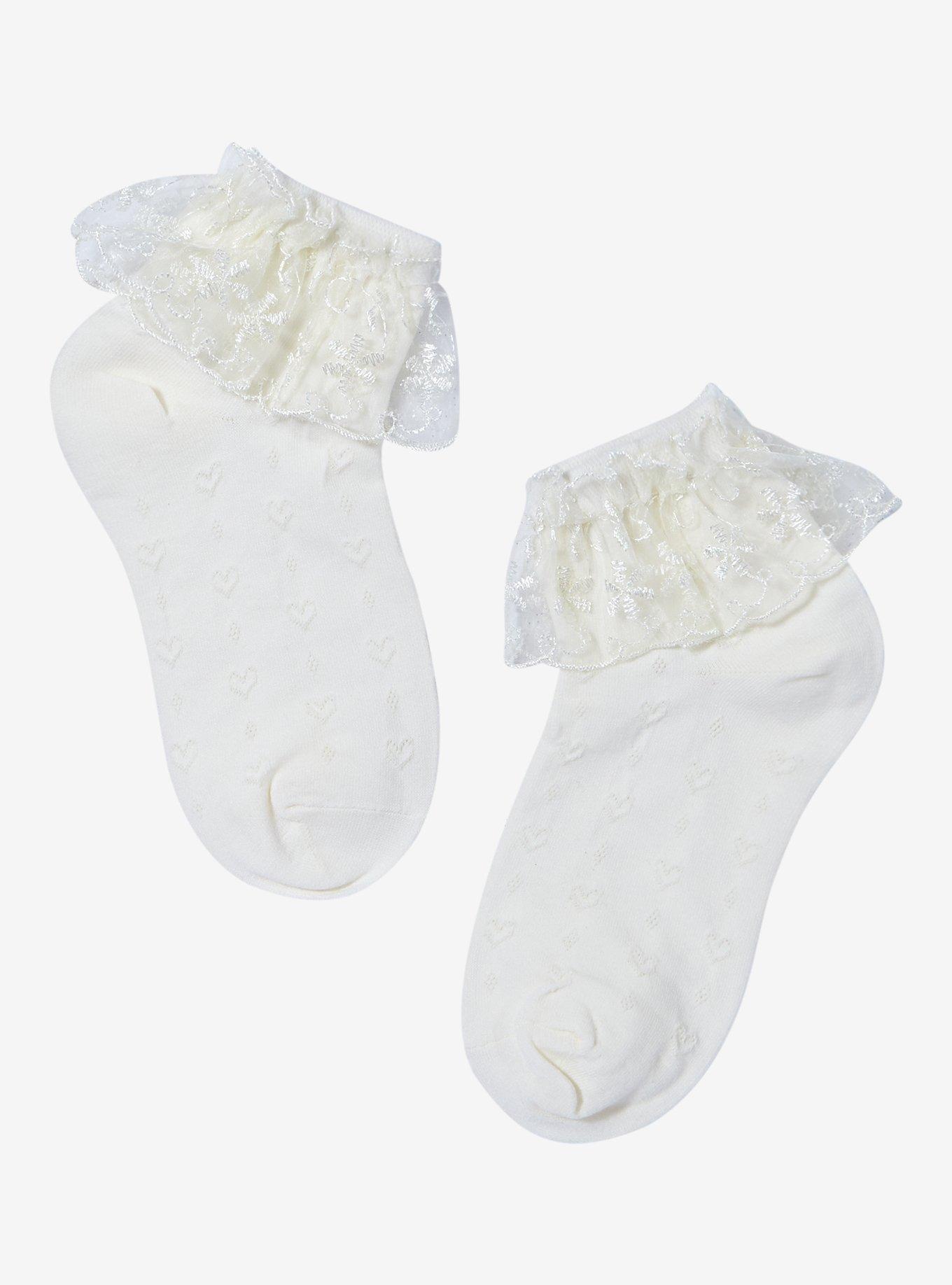 Cream Heart Textured Ruffle Ankle Socks, , hi-res