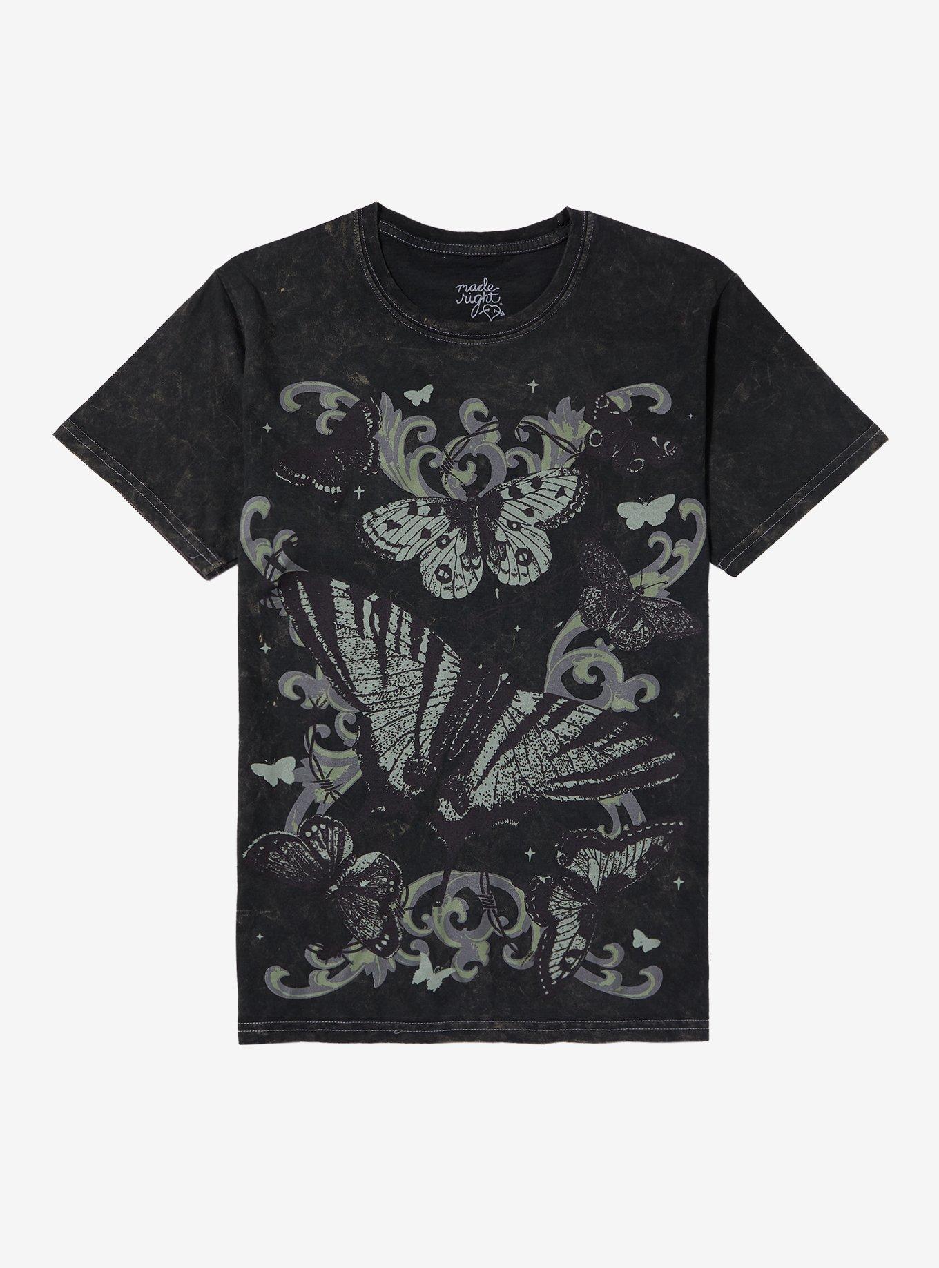 Dark Green Butterfly Wash Boyfriend Fit Girls T-Shirt, MULTI, hi-res