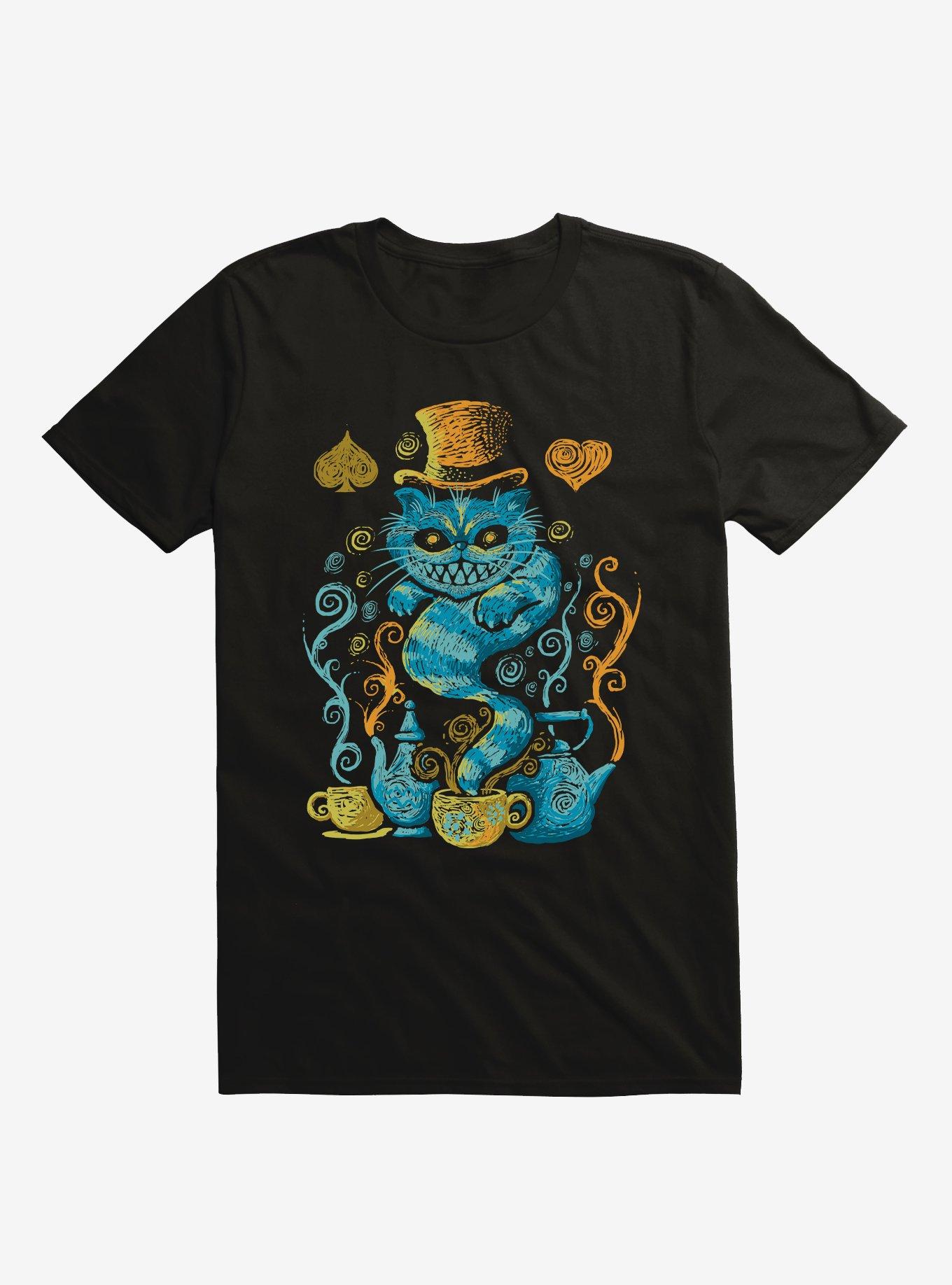 Cheshire Cat Tea Time T-Shirt By Letterq, BLACK, hi-res