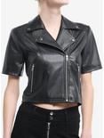 Black Faux Leather Girls Short-Sleeve Moto Top, BLACK, hi-res